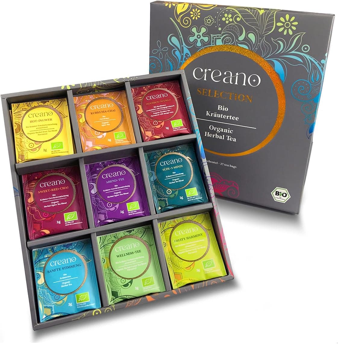 Caja de infusiones bio Creano con 9 variedades