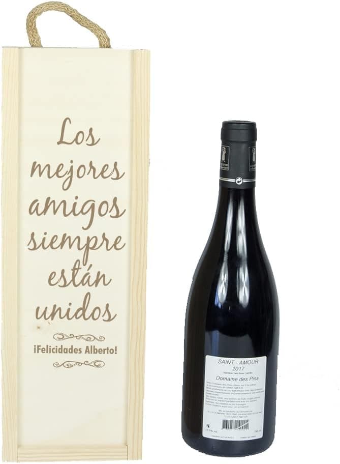 Caja de madera para una botella de vino con dedicatoria grabada y asa de cuerda