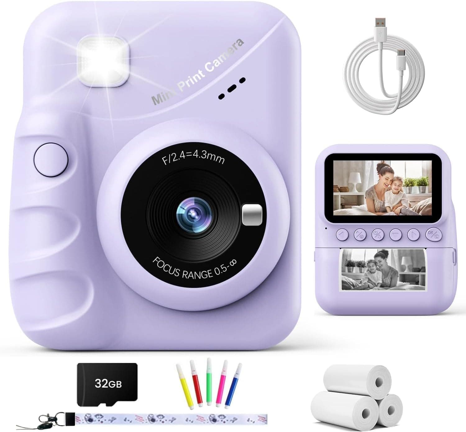 La cámara instantánea infantil TIATUA en color morado con la pantalla frontal visible