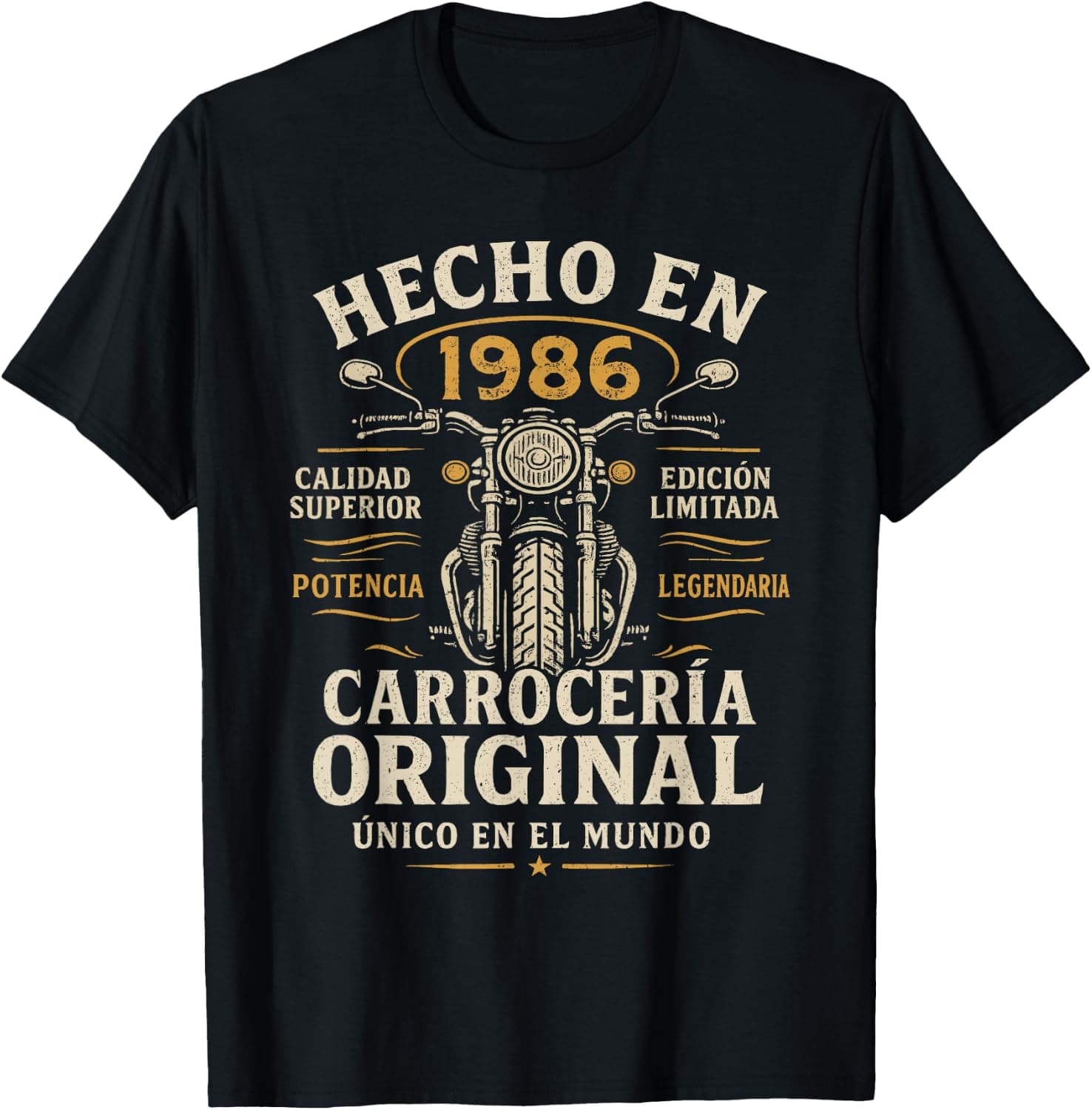 Camiseta negra de manga larga con el diseño "Hecho en 1986, carrocería original, edición limitada" y una moto ilustrada