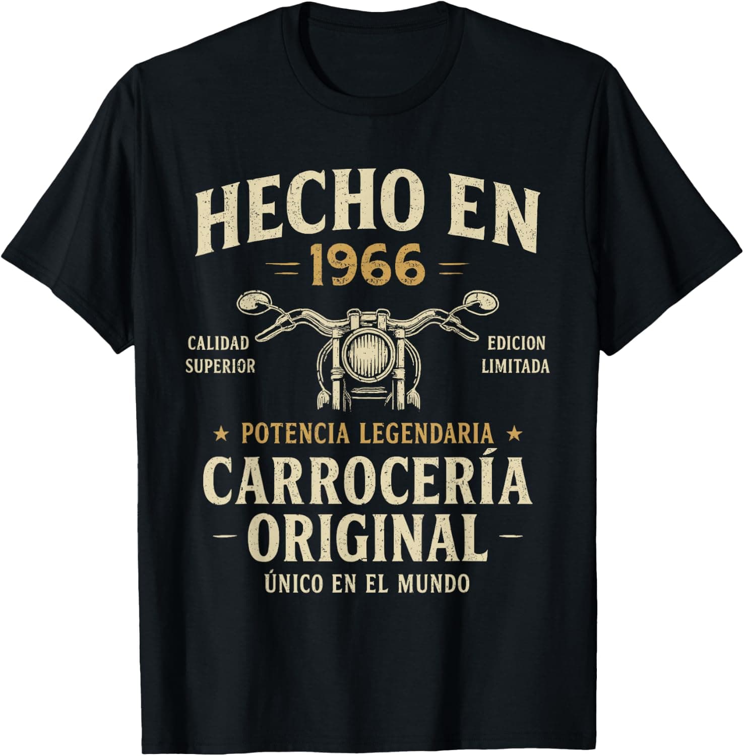 Camiseta negra con el diseño "Hecho en 1966, carrocería original, edición limitada" y una moto ilustrada, estilo retro