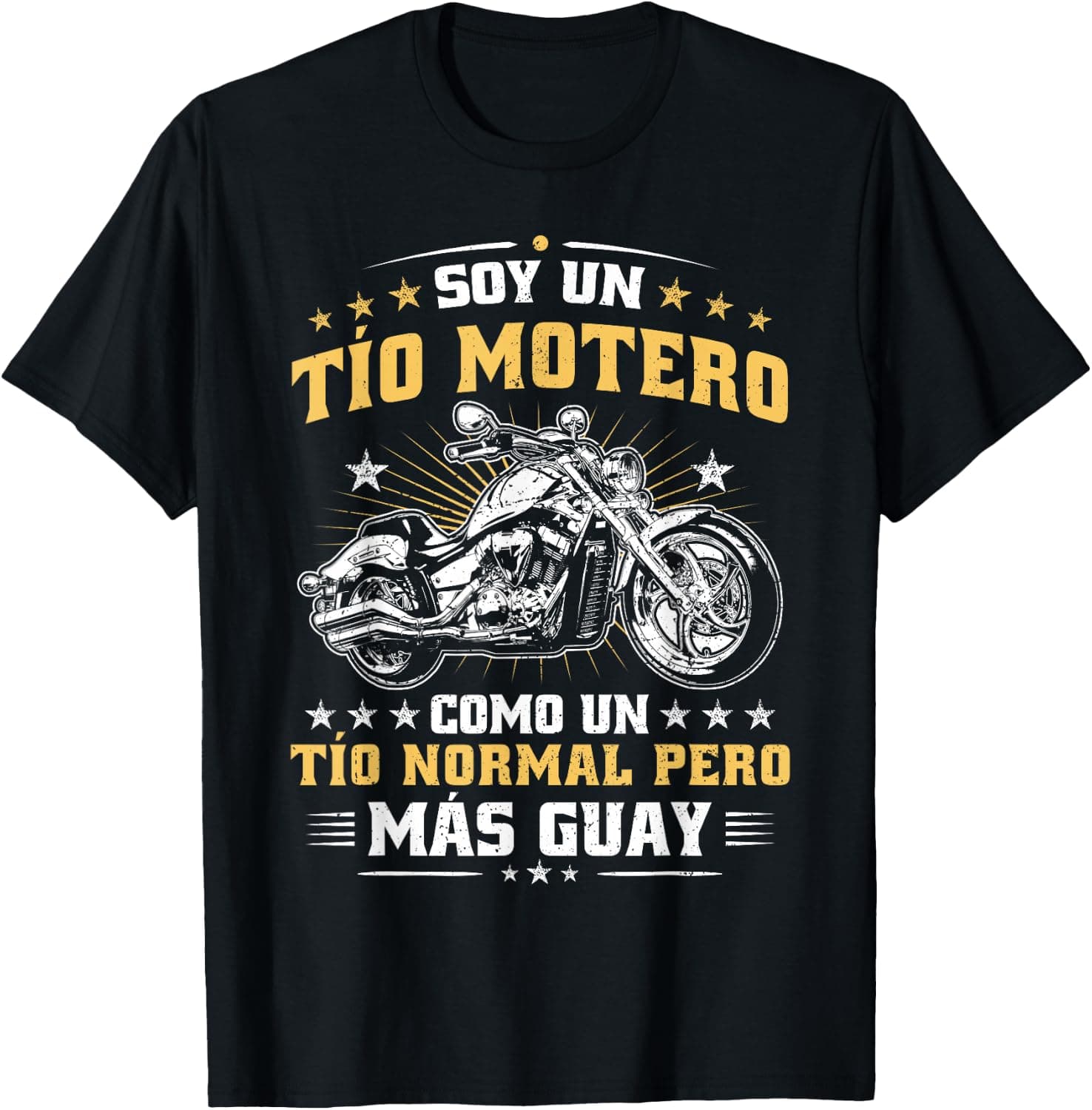 Camiseta negra con el texto "Soy un tío motero, como un tío normal pero más guay" y una moto clásica ilustrada