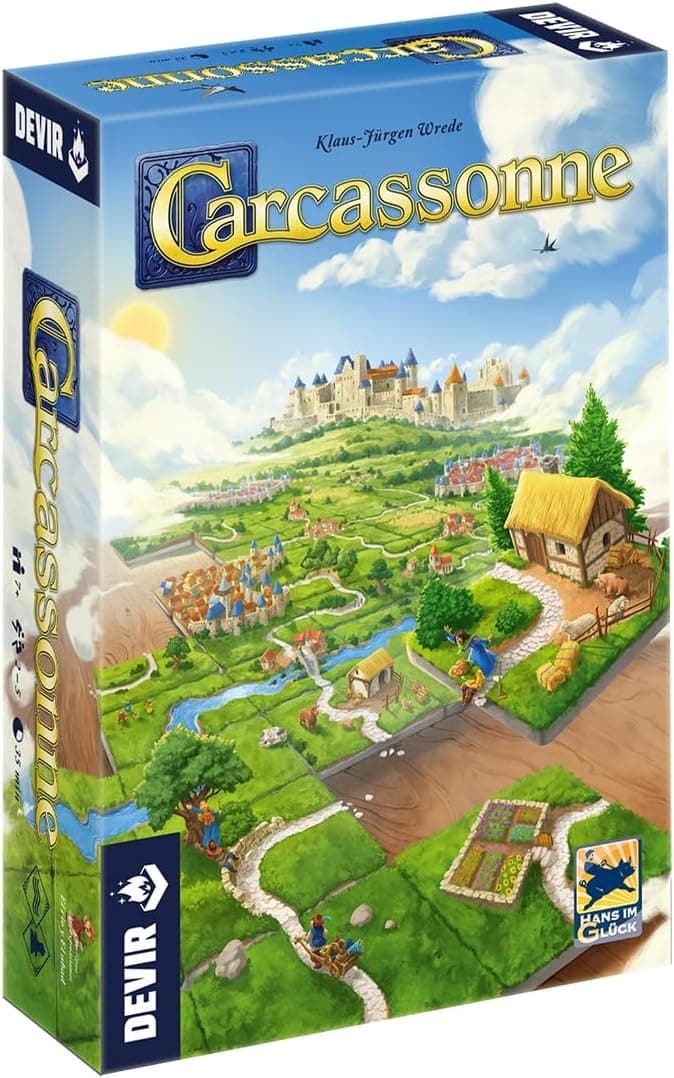 La caja del juego con la ilustración de la ciudad medieval de Carcasona sobre el paisaje