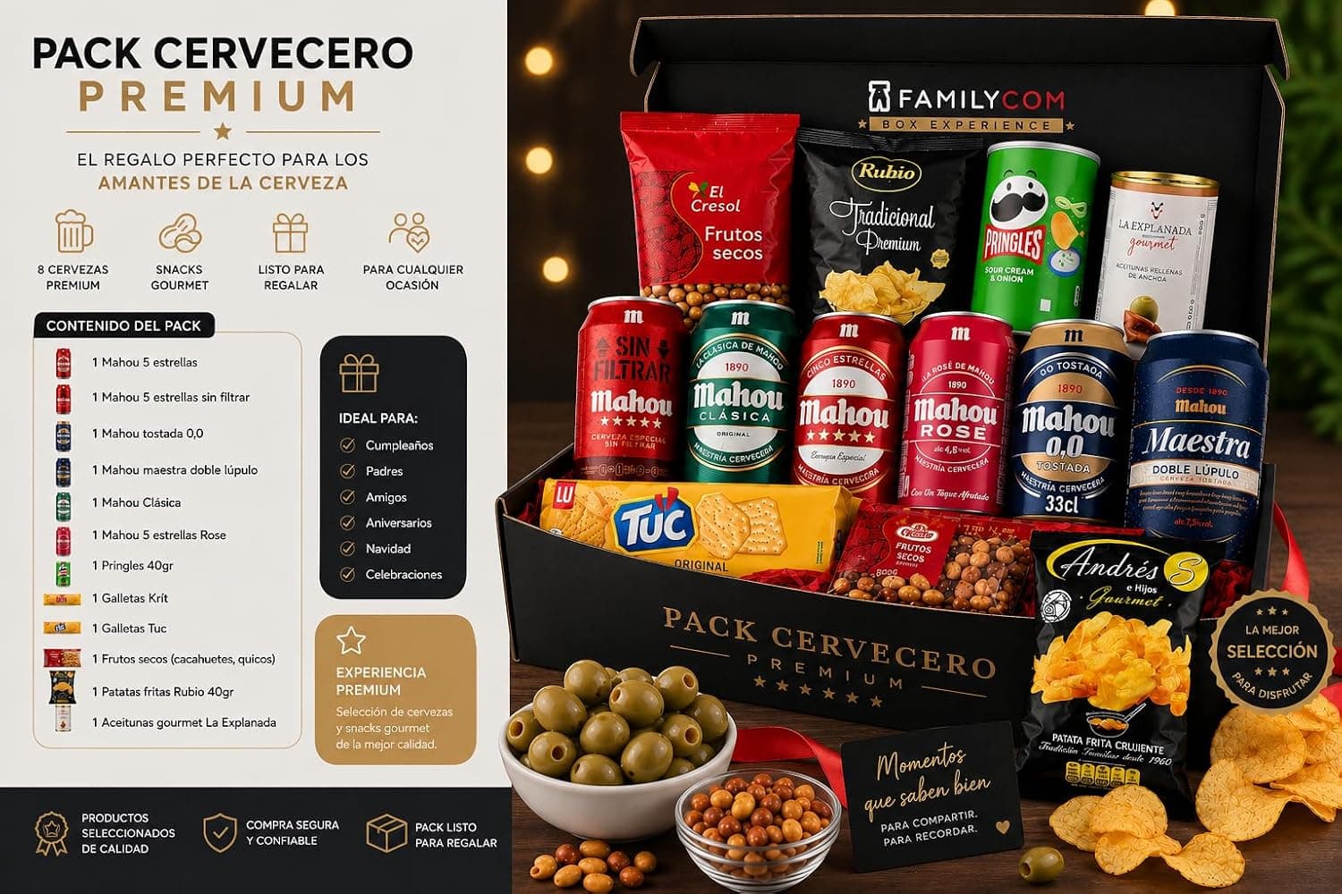 La caja negra abierta con las cervezas Mahou de pie y los snacks alrededor, con aceitunas y frutos secos en cuencos