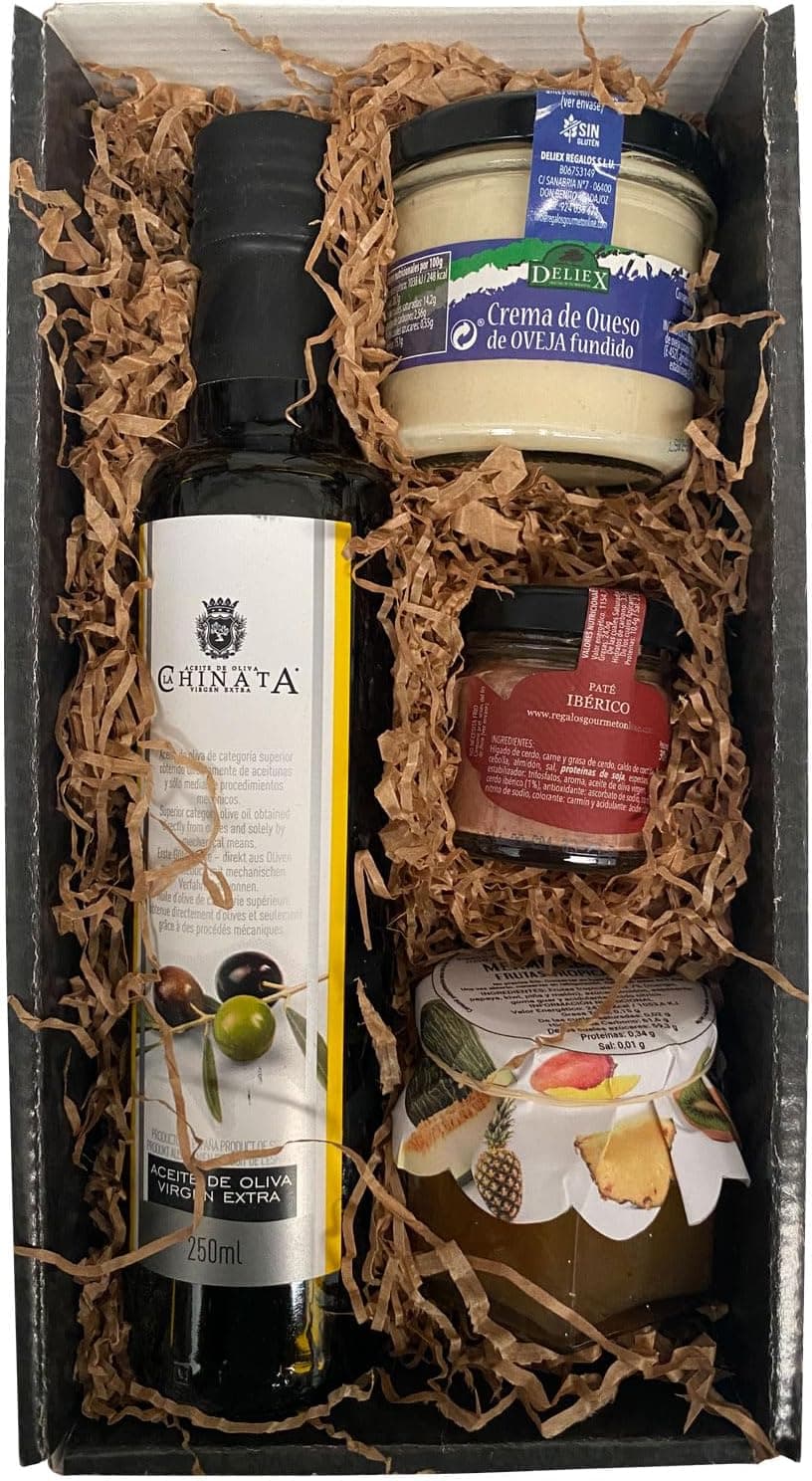 Cesta gourmet Deliex con aceite de oliva, crema de queso y mermelada