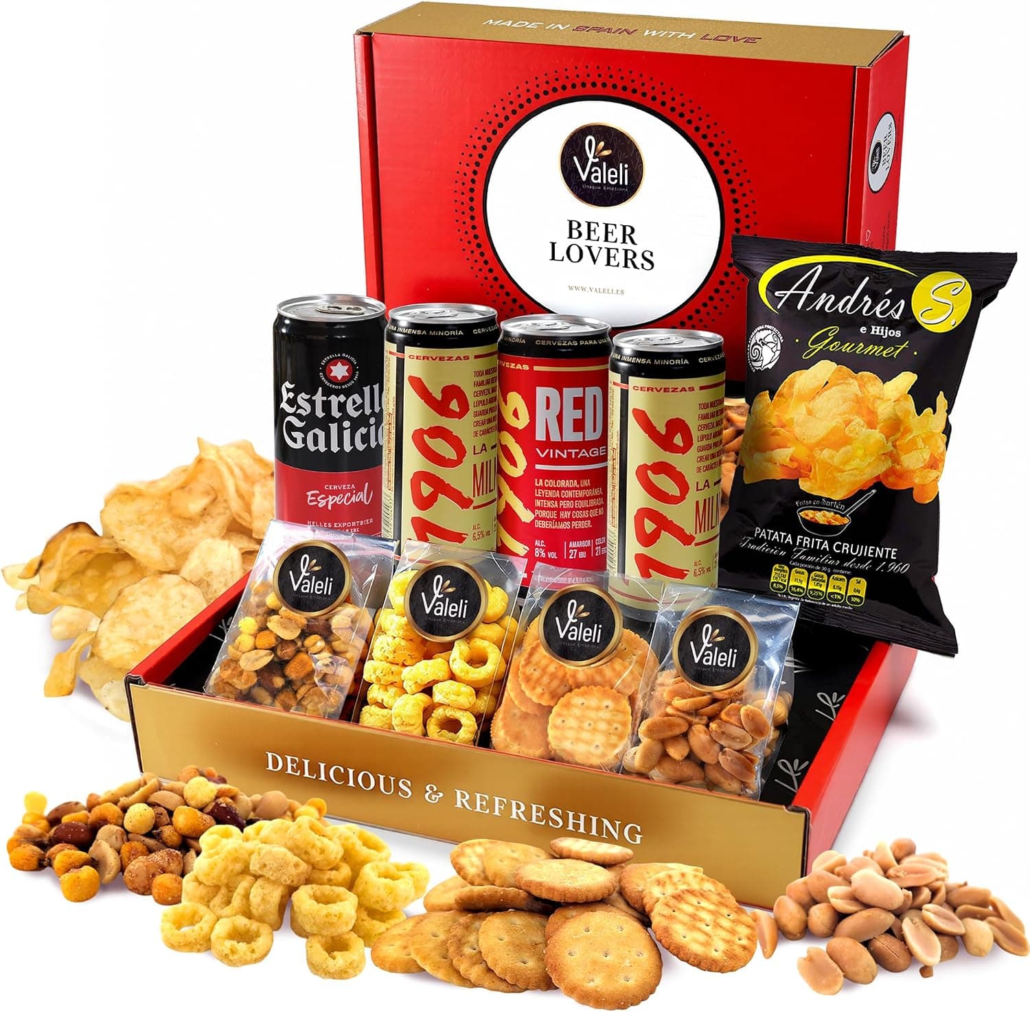 Cesta gourmet de cervezas Estrella Galicia con snacks, de Valeli