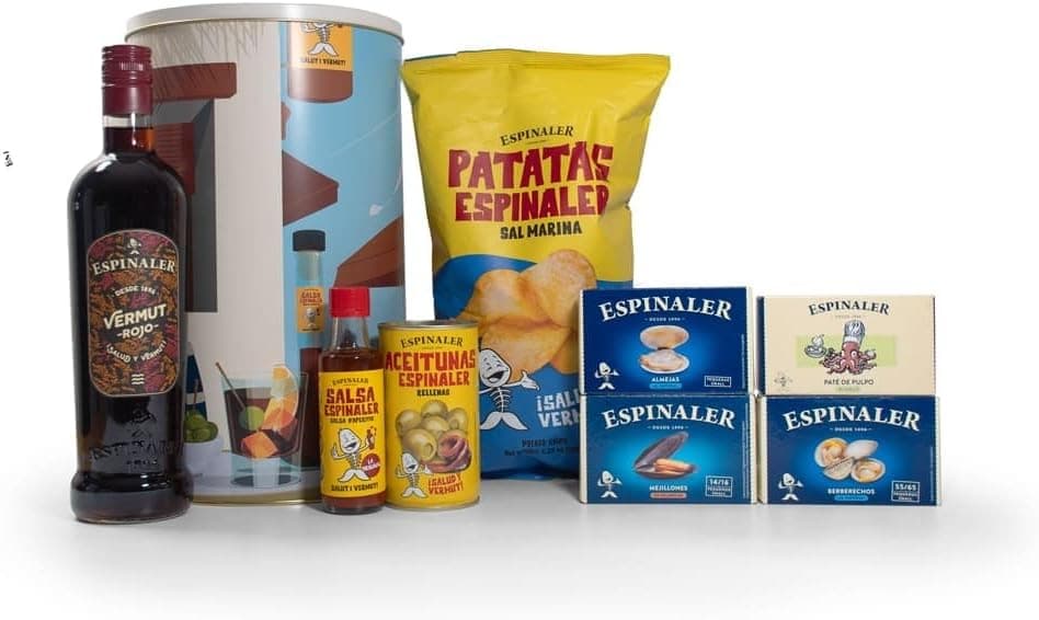 Caja metálica Taberna de Espinaler con el vermut, las conservas, las patatas y la salsa