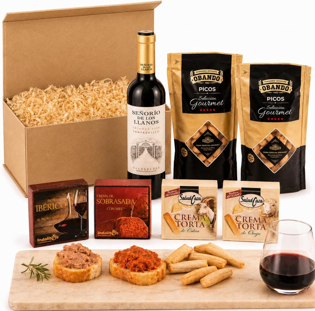 Cesta gourmet con vino, cremas artesanas y picos en cajita de regalo