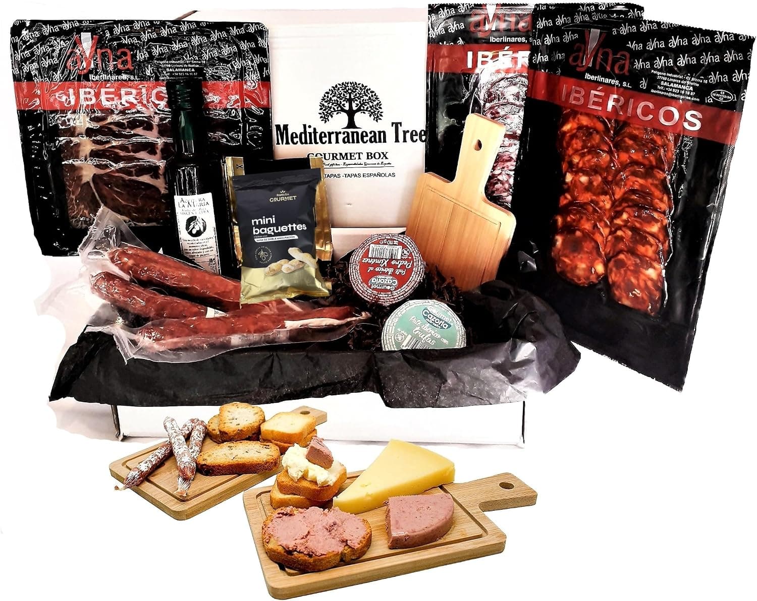 Caja gourmet con embutidos ibéricos, patés, aceite y picos