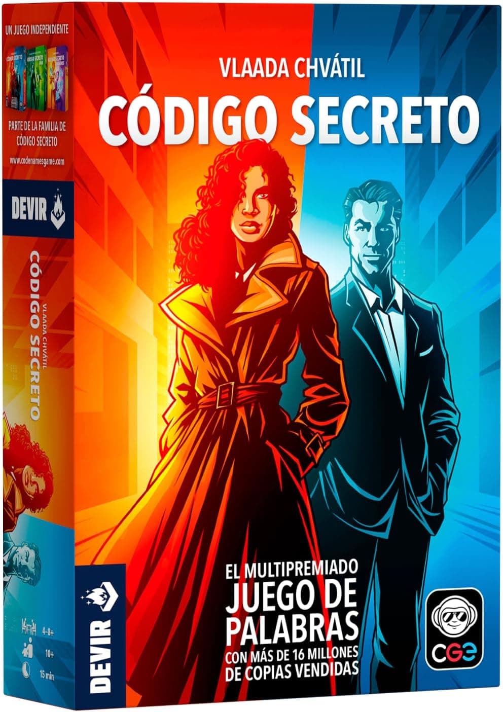 Caja de Código Secreto de Devir con el tablero de tarjetas de palabras y las fichas de colores