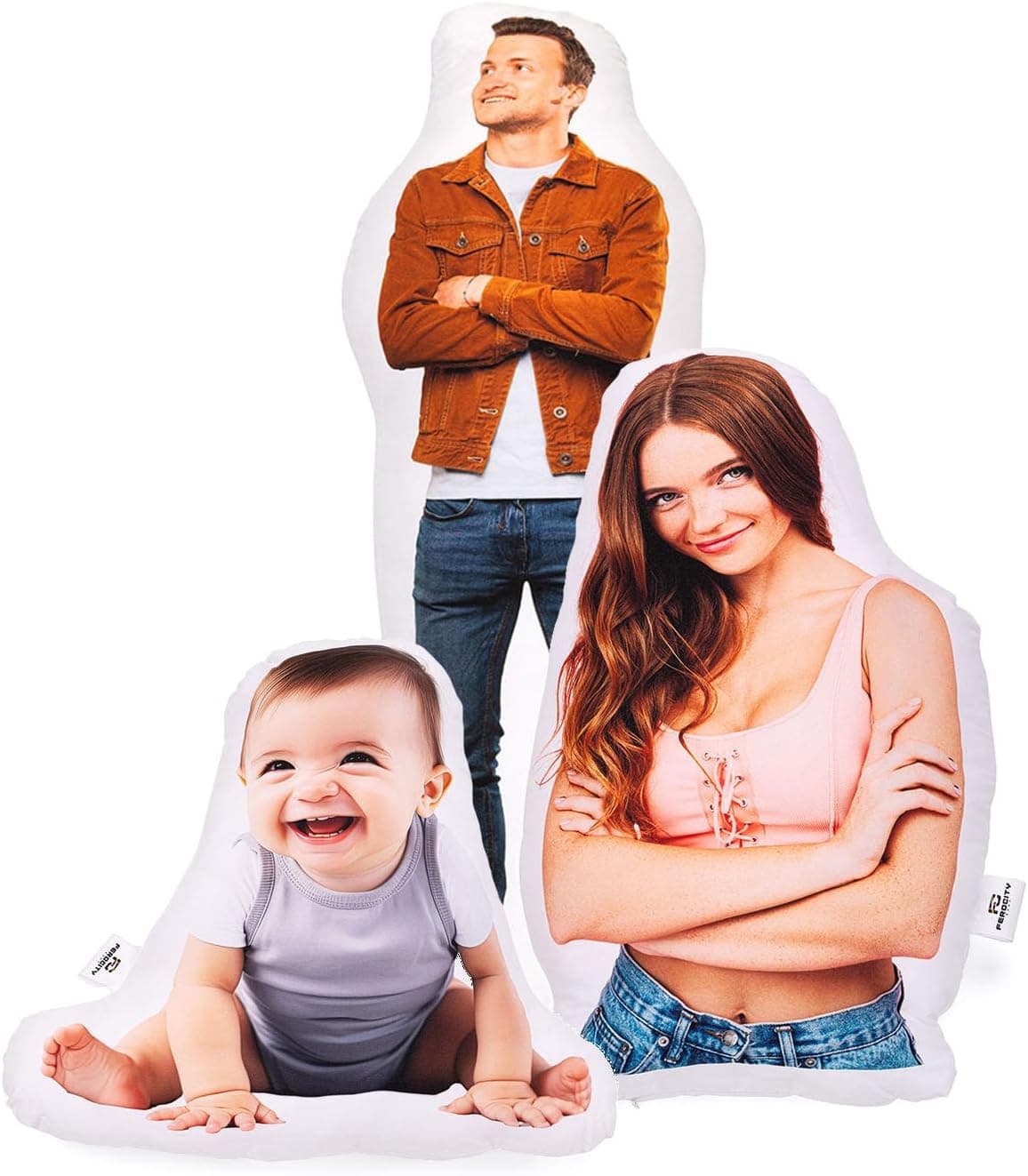 Tres cojines con forma de cuerpo recortado y fotos personalizadas
