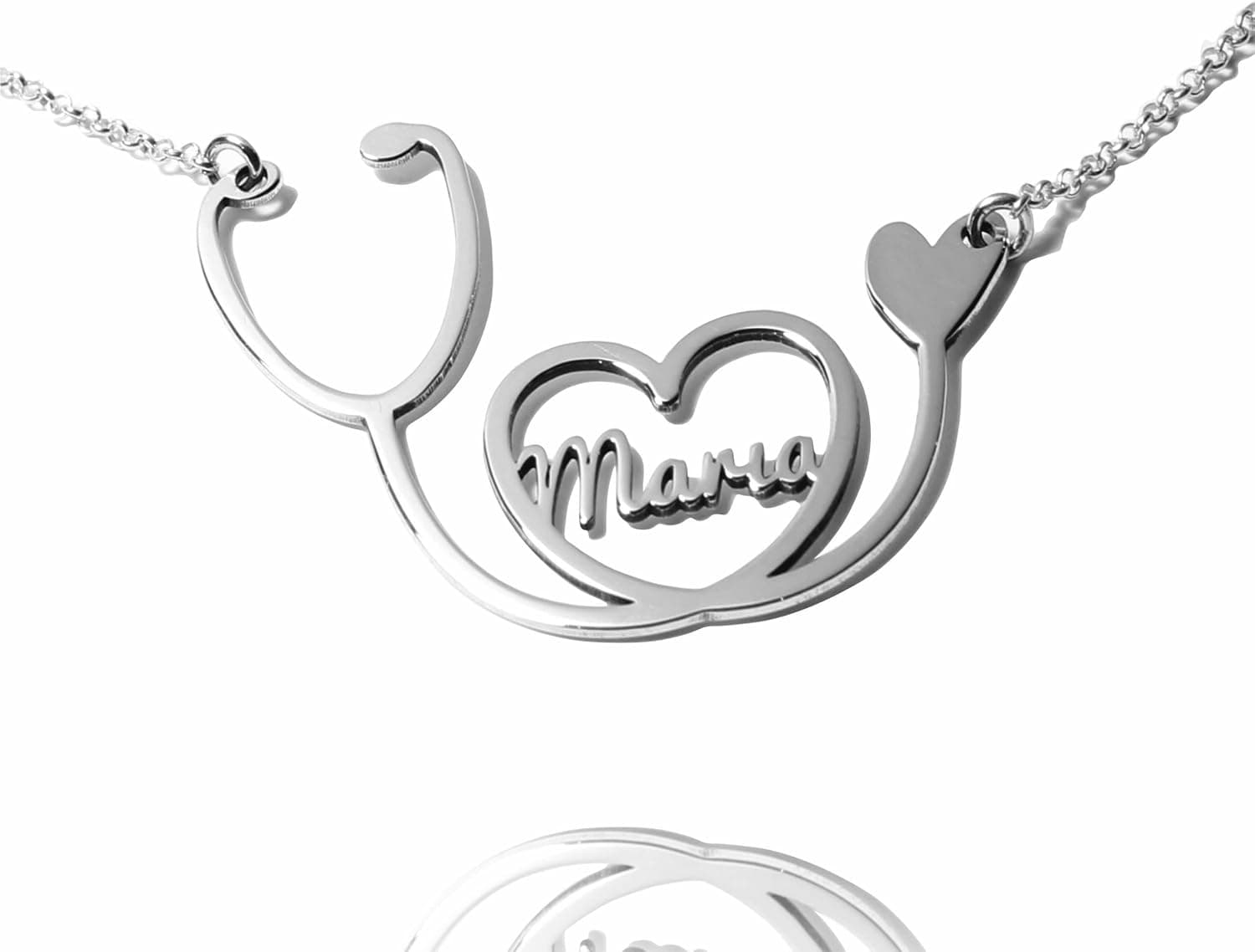 Collar en forma de fonendoscopio grabado con nombre, en plata de ley