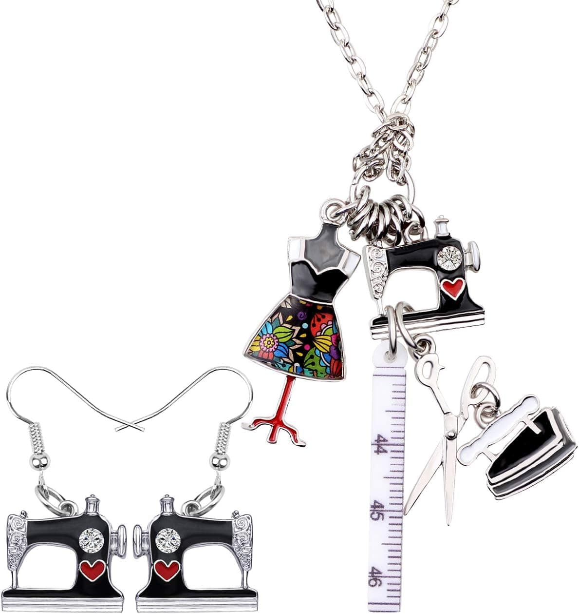 Collar de aleación esmaltada con dijes de máquina de coser, tijeras y diamantes de imitación