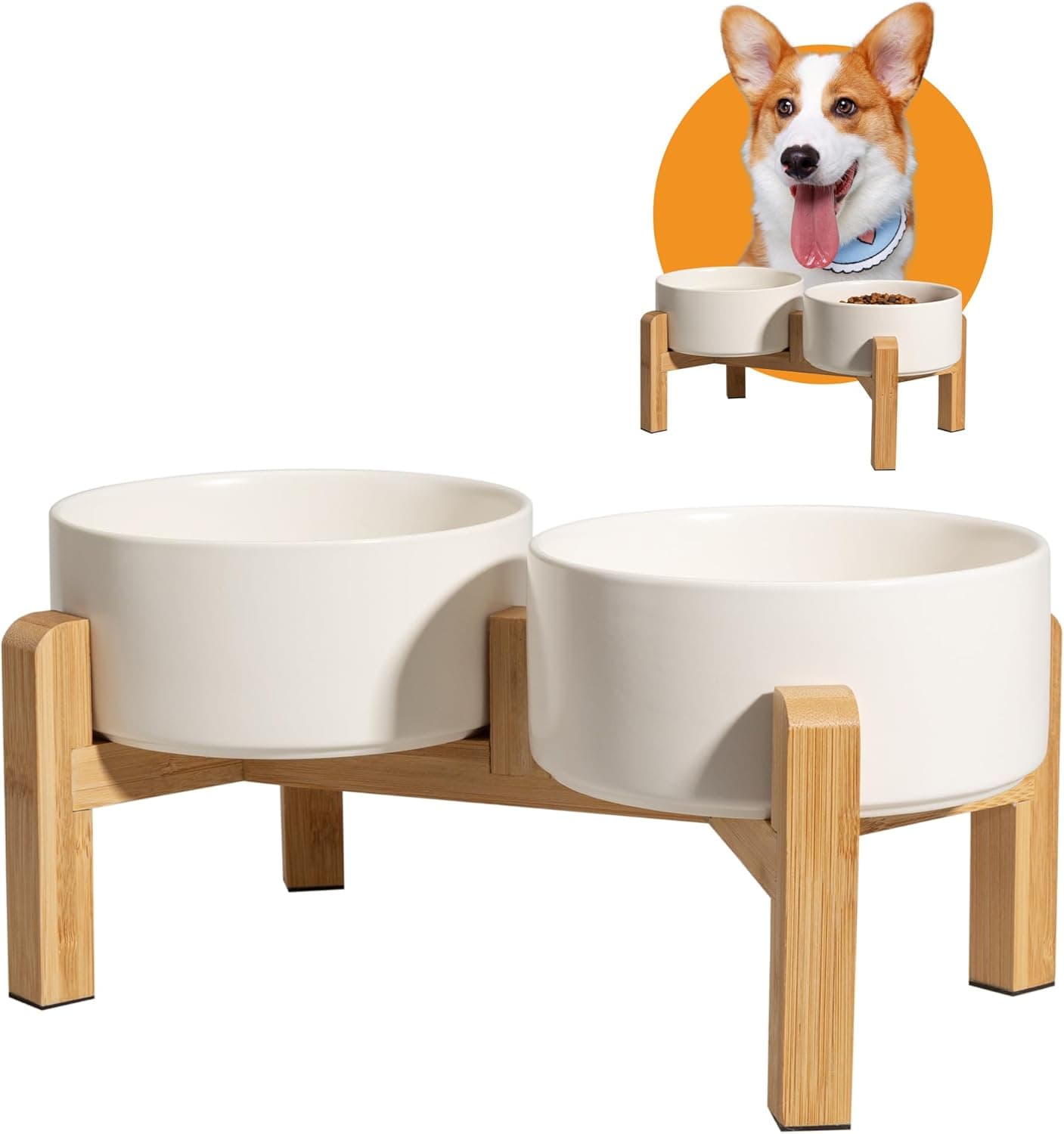 Dos cuencos blancos de cerámica encajados en un soporte bajo de bambú