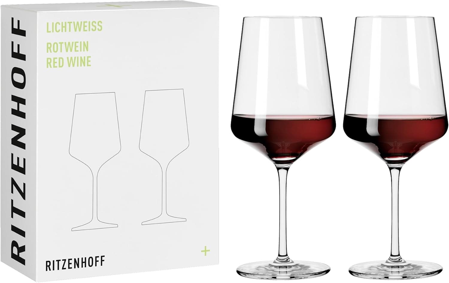 La copa de cristal transparente de la serie Lichtweiss de Ritzenhoff, con vino tinto servido, junto a su caja de regalo