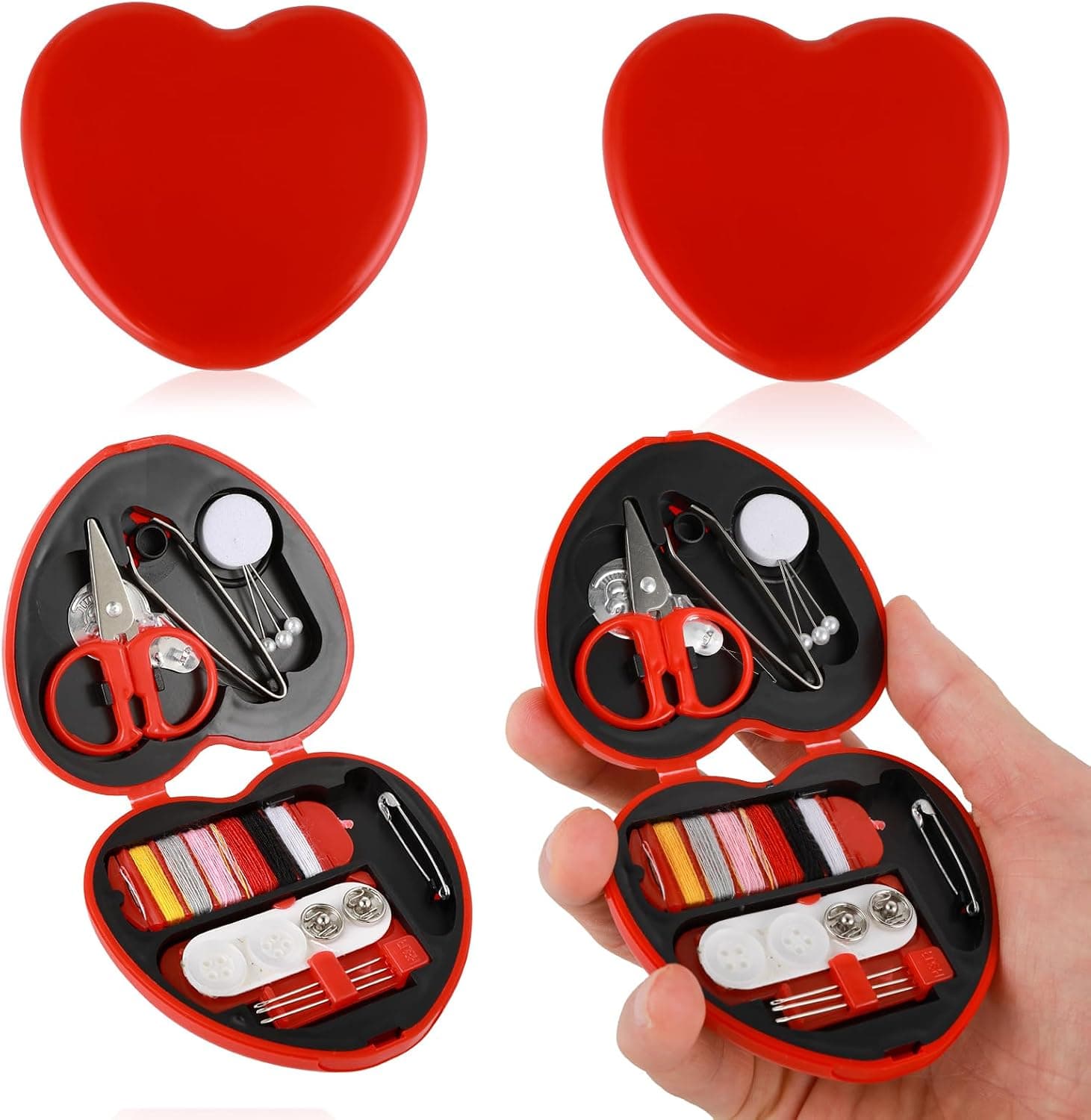 Costurero de viaje con forma de corazón rojo, abierto con sus accesorios