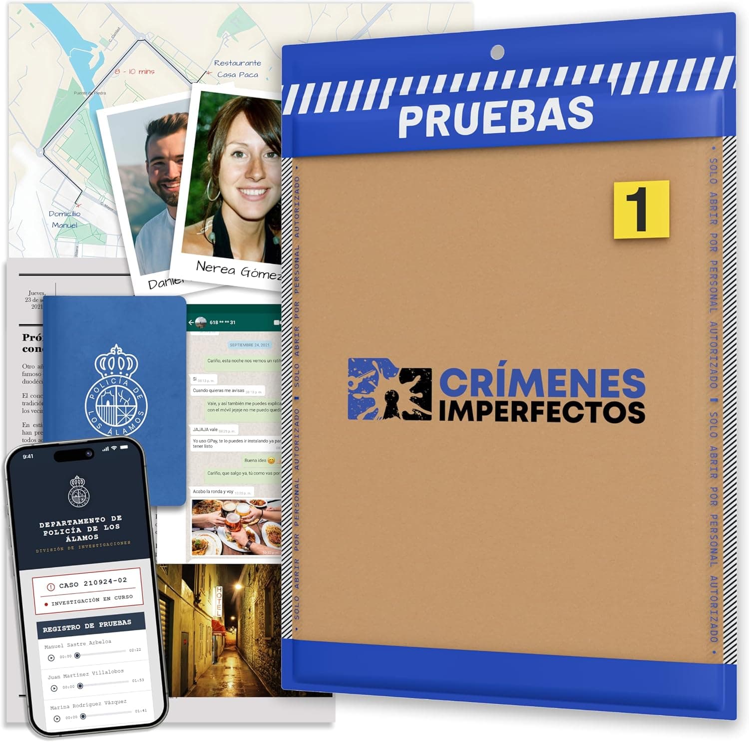 Caja de Crímenes Imperfectos Caso 1 con las carpetas y documentos de la investigación