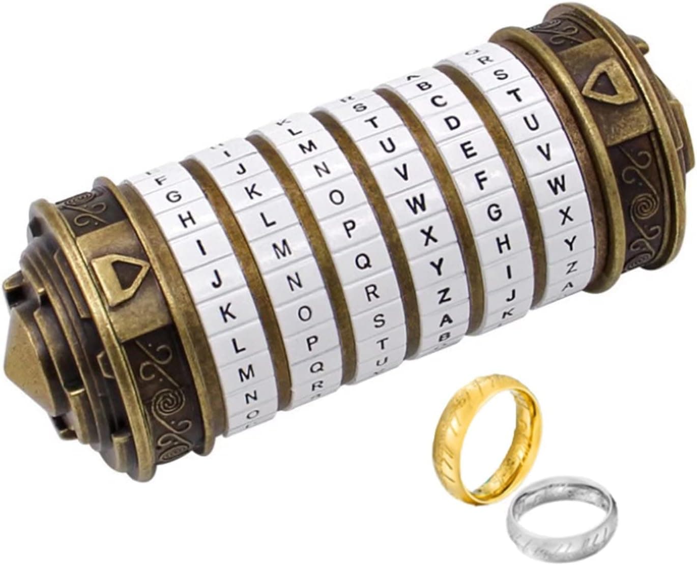 Cilindro dorado con seis ruedas de letras junto a dos anillos, uno dorado y otro plateado