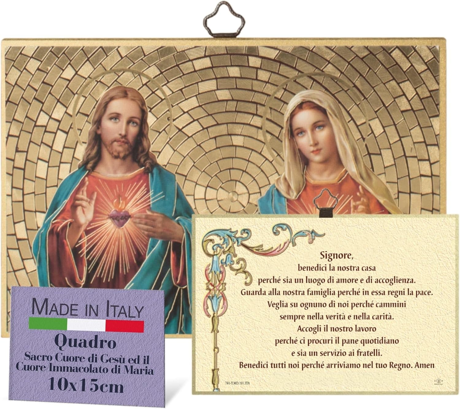 El cuadro de madera con el Sagrado Corazón de Jesús y el Corazón Inmaculado de María sobre fondo de mosaico dorado, con su enganche metálico arriba