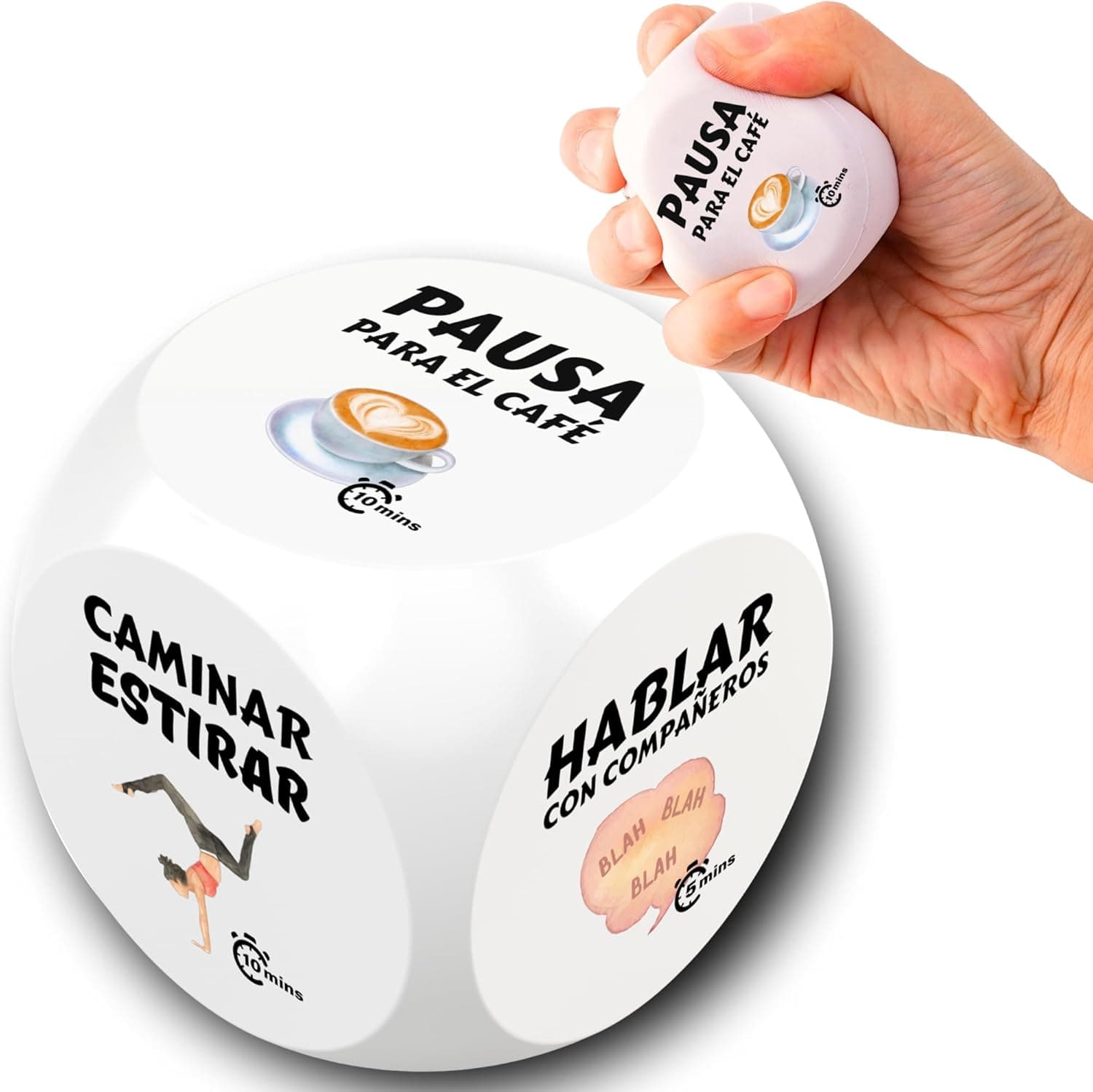 Dado blanco de espuma con las caras «pausa para el café», «caminar y estirar» y «hablar con compañeros», y una mano estrujándolo