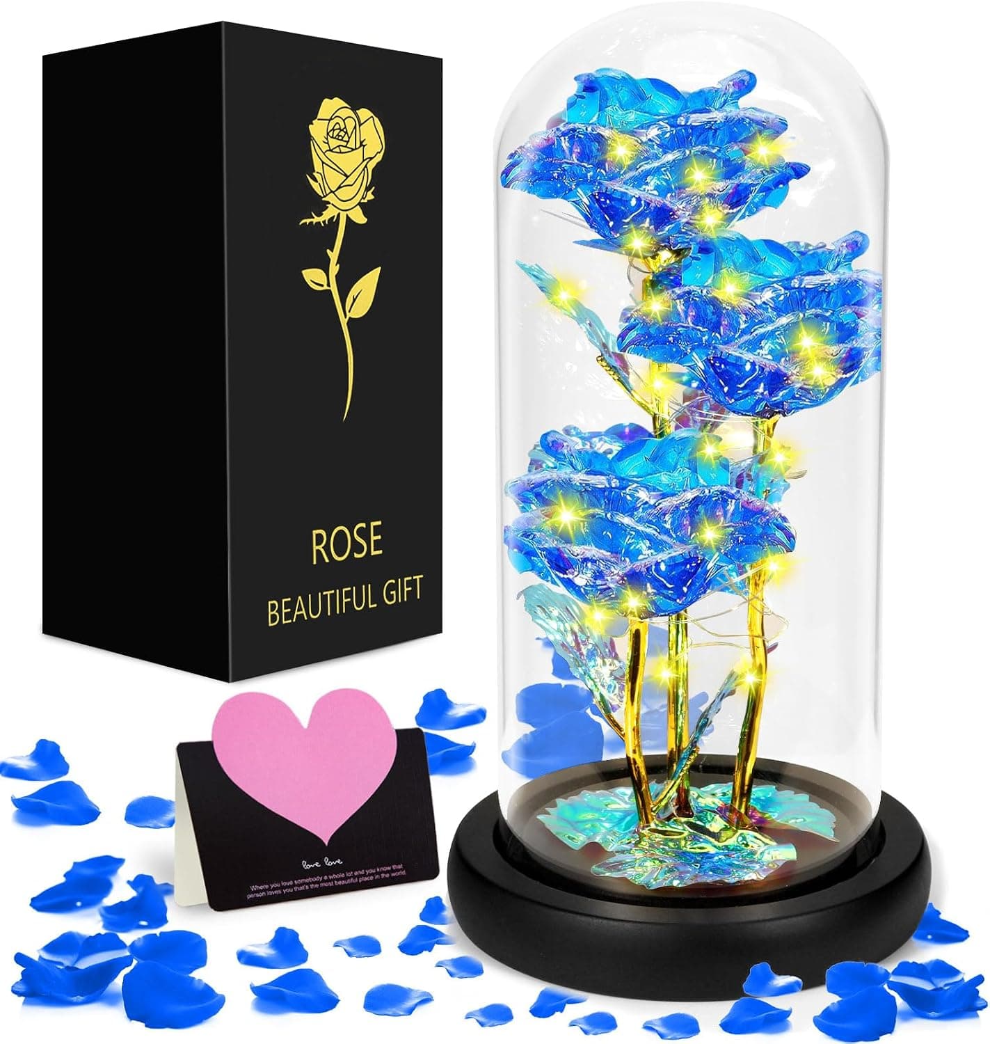 Cúpula de cristal con tres rosas eternas y base de madera