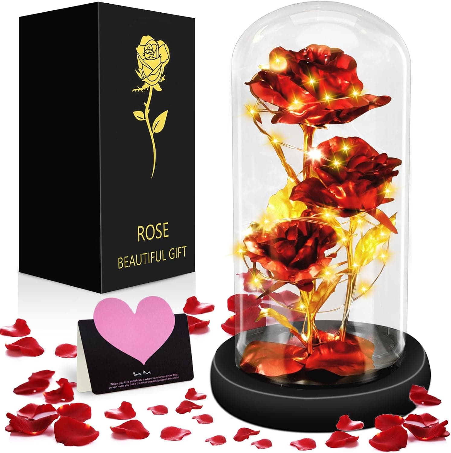 Cúpula con tres rosas eternas rojas, base negra