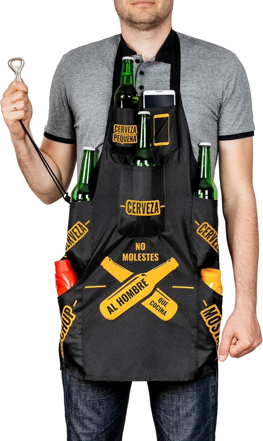 Delantal de barbacoa con bolsillos para cerveza