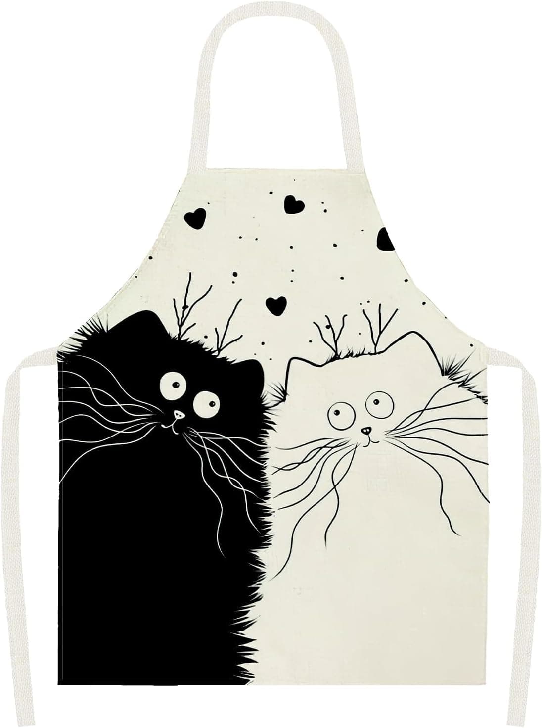 Delantal blanco con dos ilustraciones de gatos estilo cómic, uno completamente negro y otro de contorno blanco, con corazones alrededor