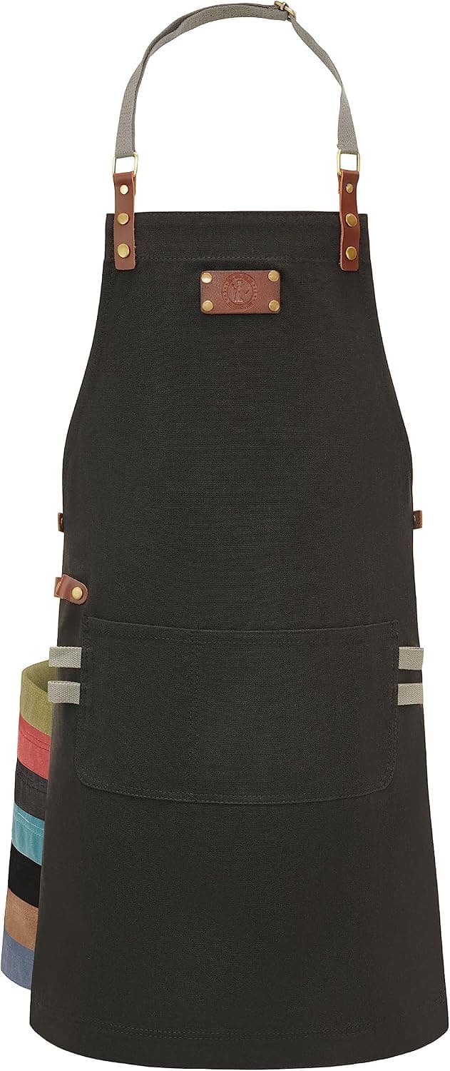 Delantal de lona oscura con detalles de cuero para barbacoa