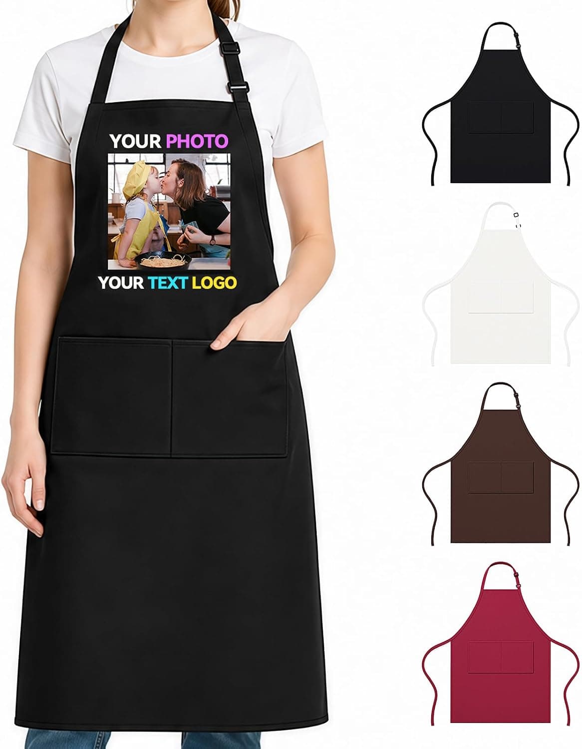 Delantal negro con una foto familiar impresa y el texto personalizable debajo, junto a los cinco colores disponibles sin personalizar