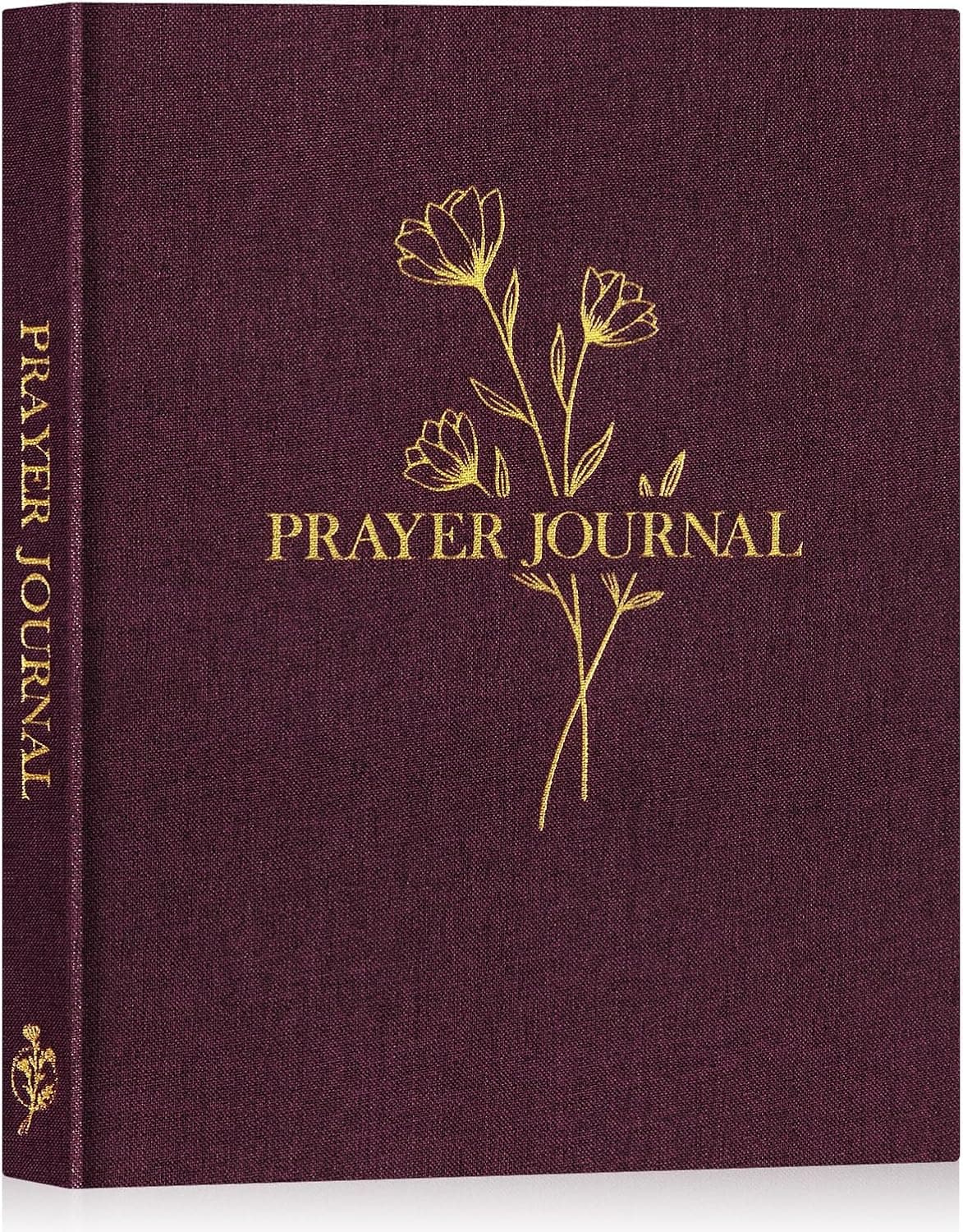 Cuaderno de tapa dura granate forrada en lino, con unas flores y las palabras «Prayer Journal» estampadas en dorado