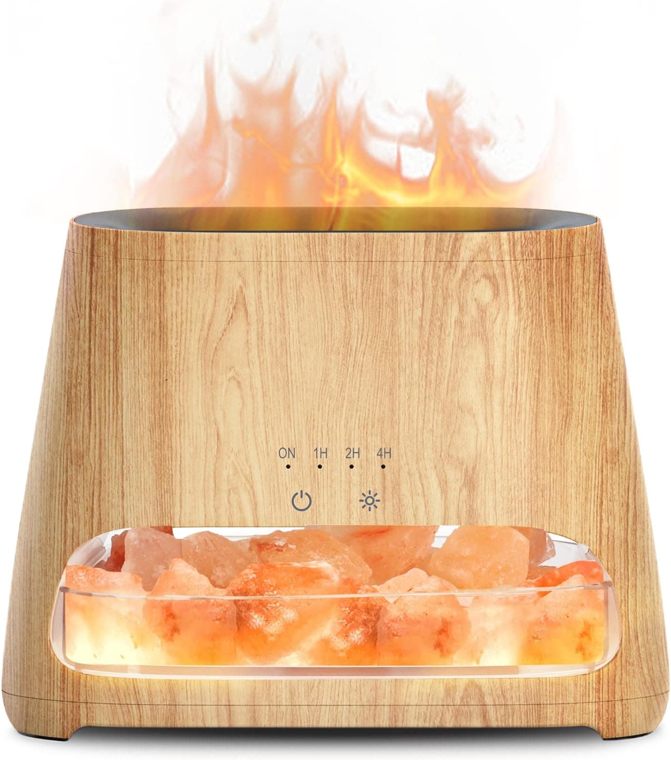 Difusor con base de madera clara y cristales de sal rosa del Himalaya, con una llama simulada por vapor y luz LED saliendo de la parte superior