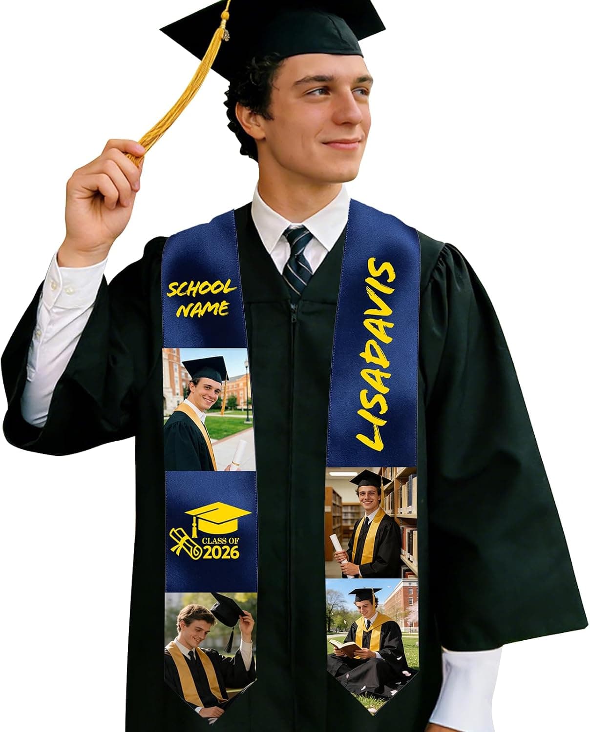 Estola de graduación azul marino larga con collage de fotos, nombre y año personalizados