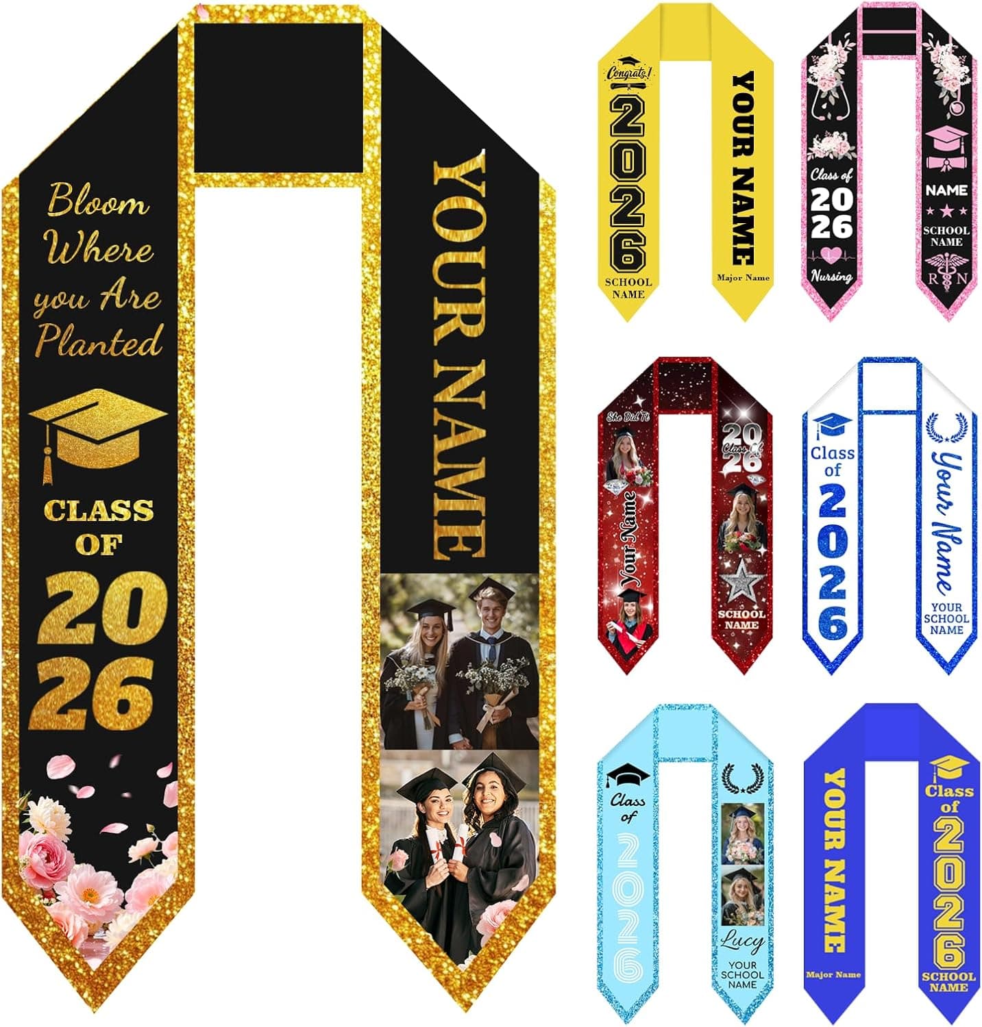 Estola de graduación negra y dorada con varias fotos personalizadas y el nombre del graduado