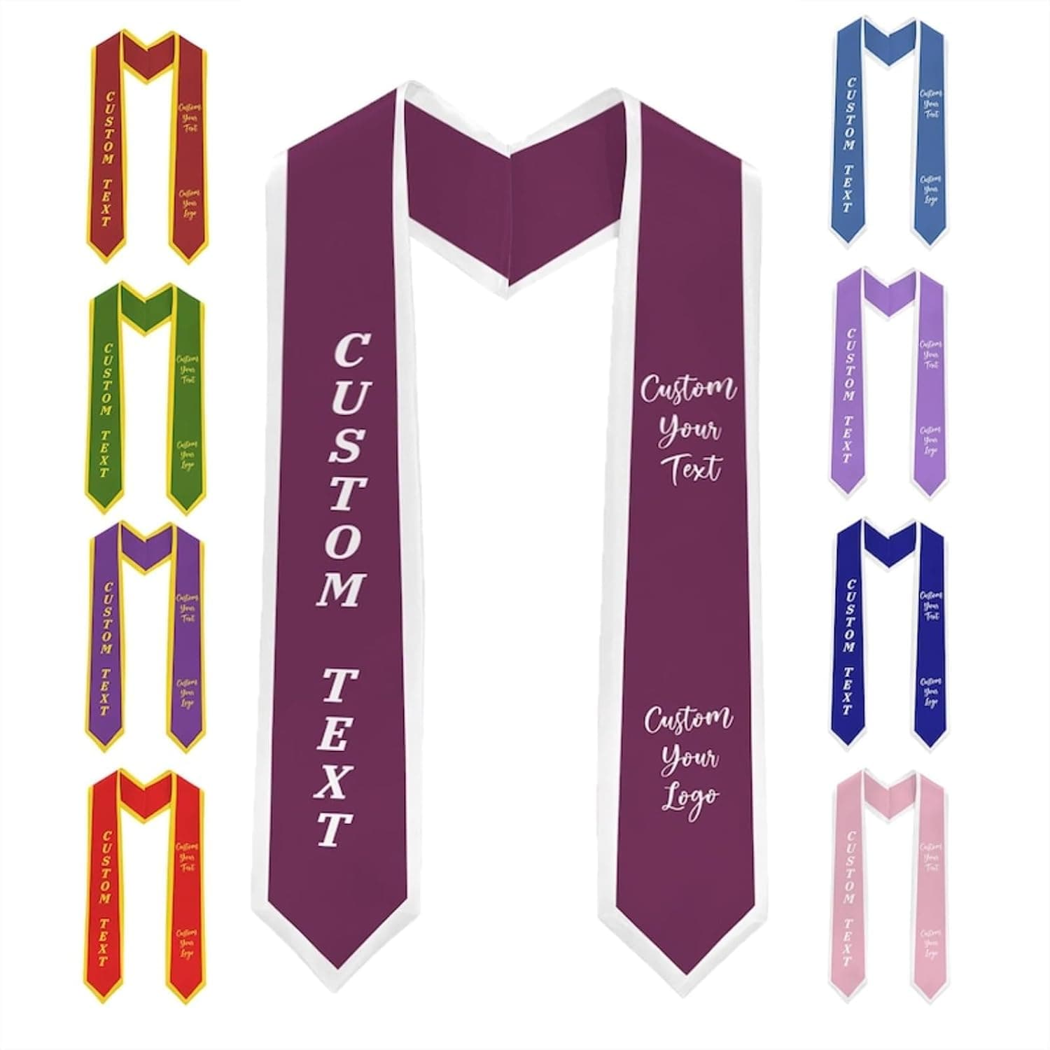 Estolas de graduación personalizadas en varios colores con nombre y logotipo del centro