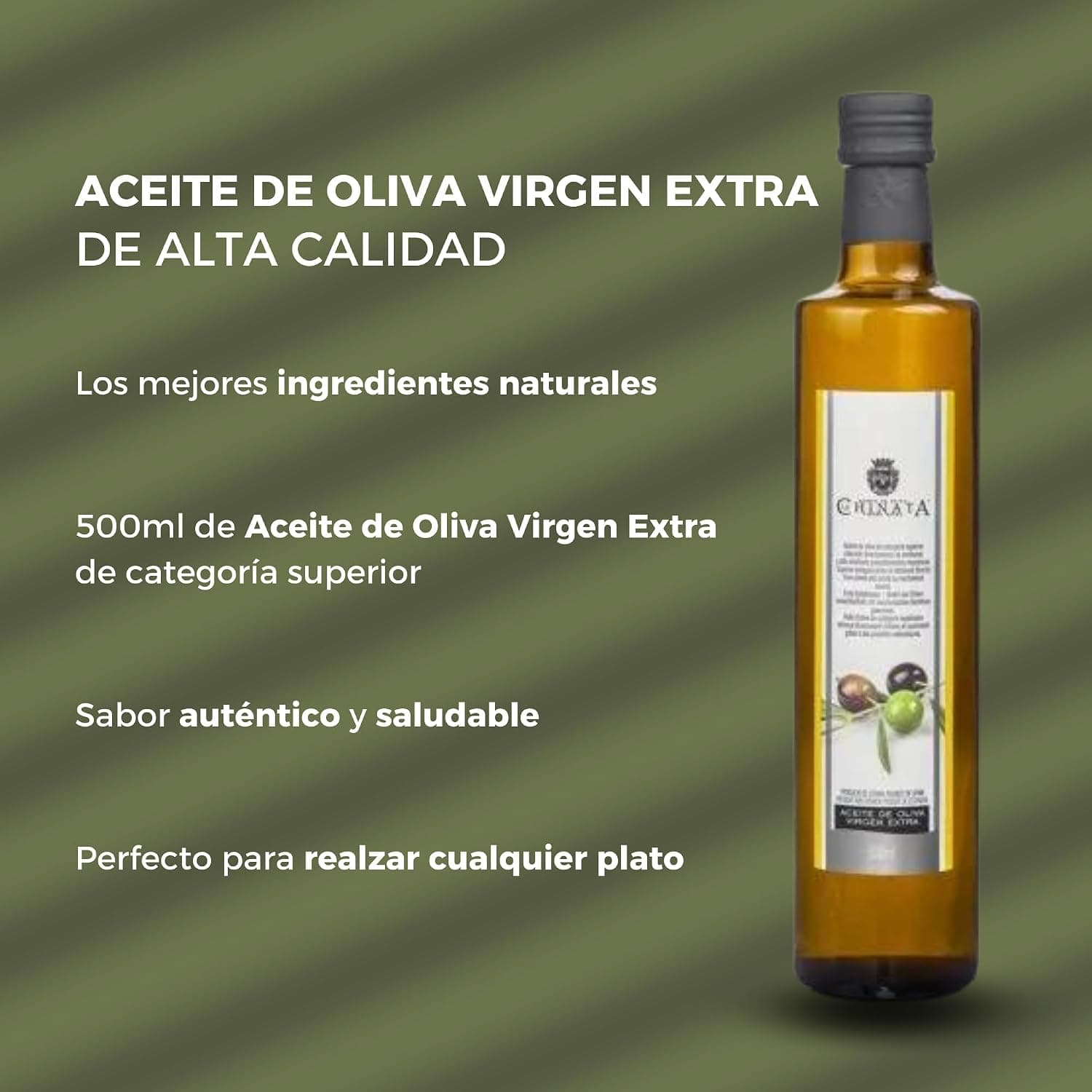 La caja de madera abierta con las cuatro botellas de aceite colocadas y el jabón en su envoltorio