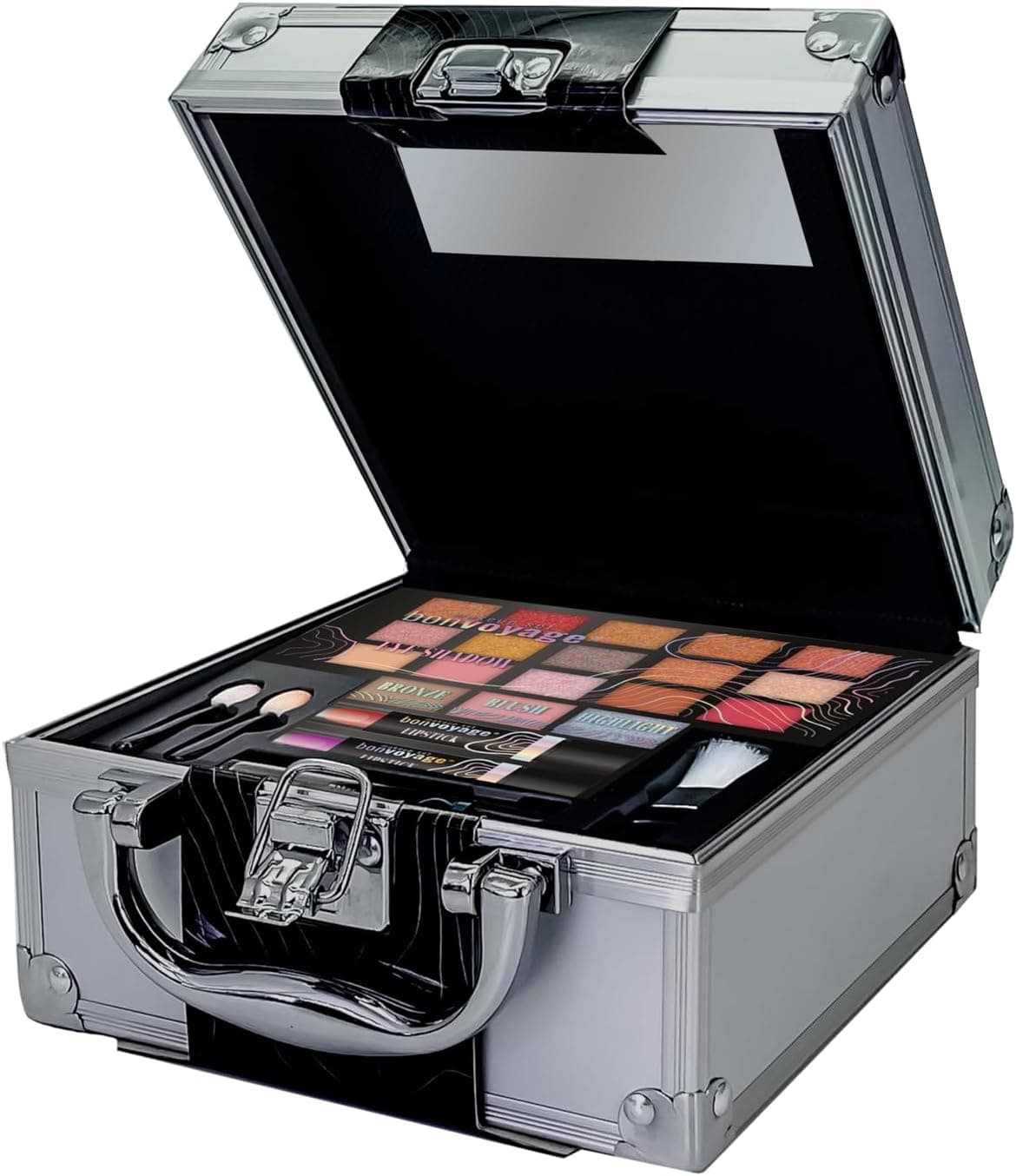 Estuche de maquillaje pequeño abierto con las sombras y el espejo