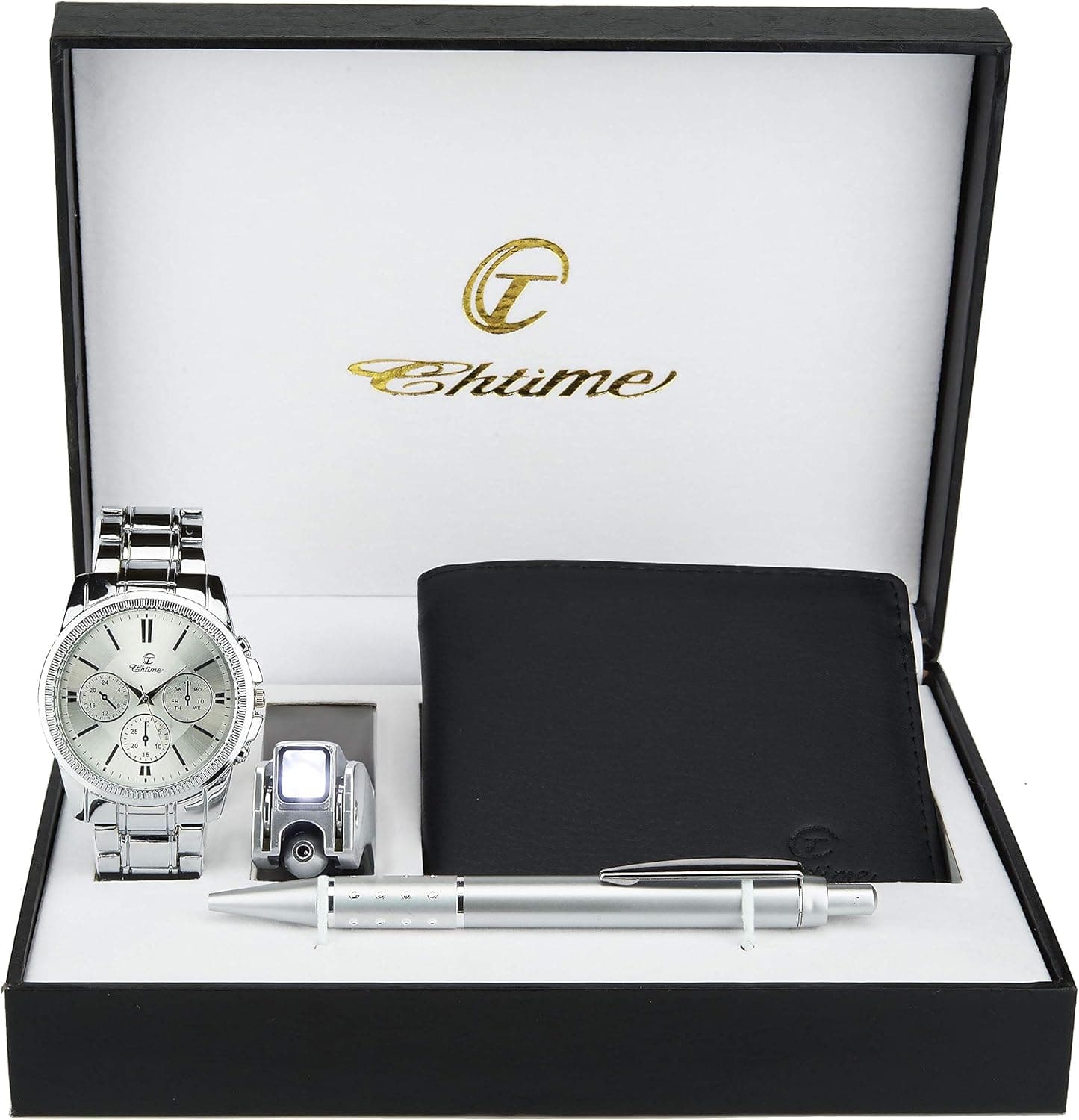 Caja de regalo con el logo Chtime, reloj cronógrafo plateado, cartera negra, una pequeña cámara decorativa y un bolígrafo plateado con detalles brillantes