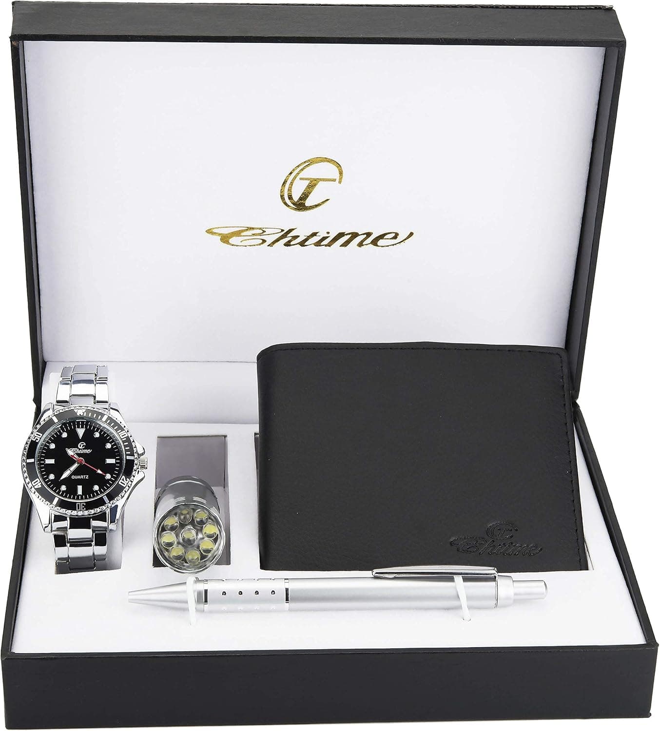 El reloj, la cartera de piel sintética, la lámpara LED y el bolígrafo del estuche de Bellos en su caja brillante