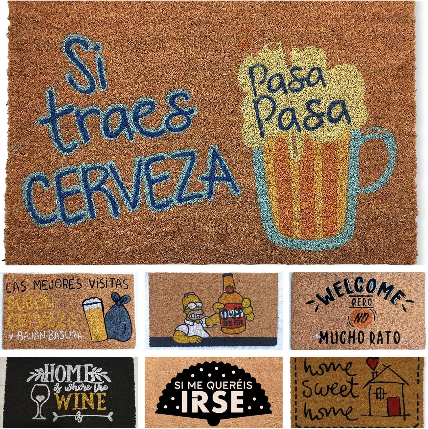 El felpudo de fibra de coco con el dibujo de cerveza en la entrada de casa