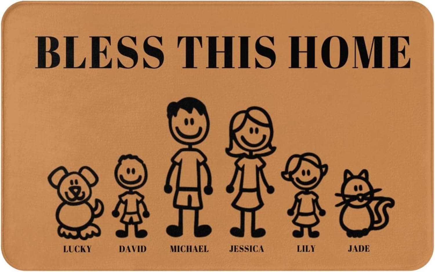 Felpudo marrón con el mensaje "Bless this home" y dibujos de una familia con un perro y un gato, cada uno con su nombre debajo