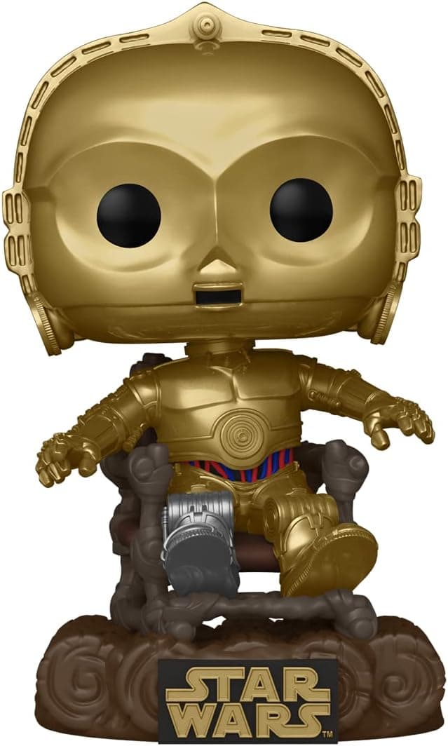El droide dorado C-3PO sentado en el trono de madera que le montan los ewoks, sobre peana con el logotipo de Star Wars