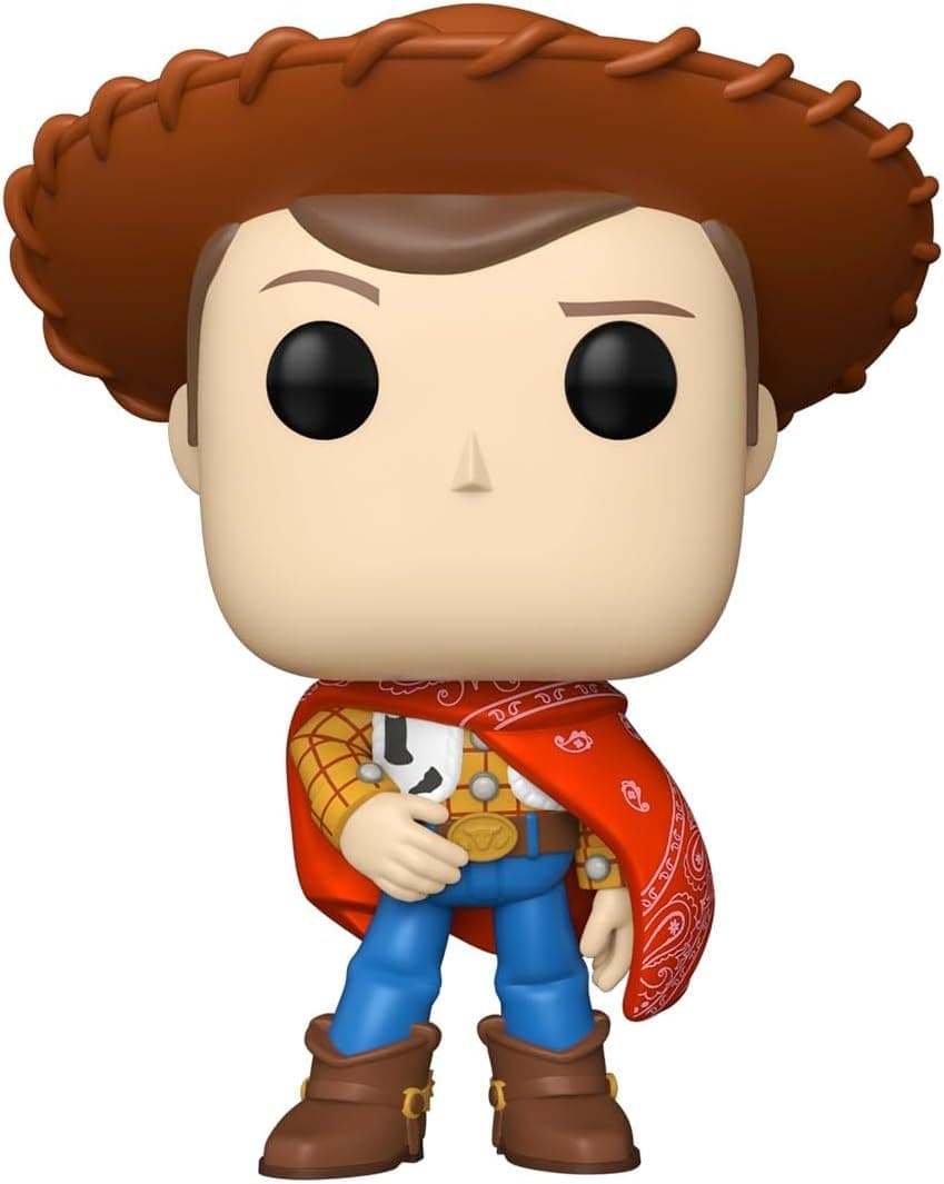 La figura de Woody con el sombrero de vaquero, el chaleco de piel de vaca y un muñeco pequeño sujeto contra el pecho