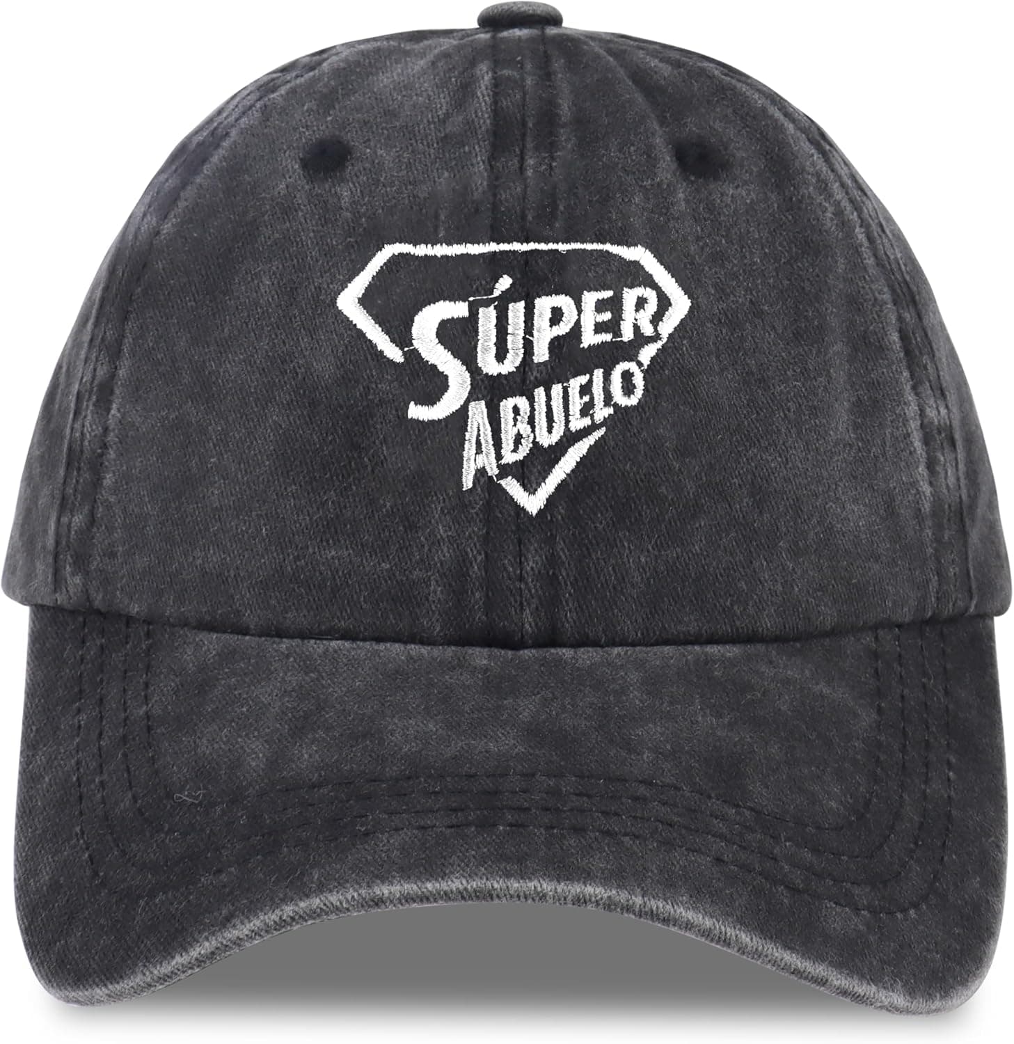 Gorra de béisbol negra con acabado lavado y el bordado "Súper Abuelo" con forma de escudo de superhéroe