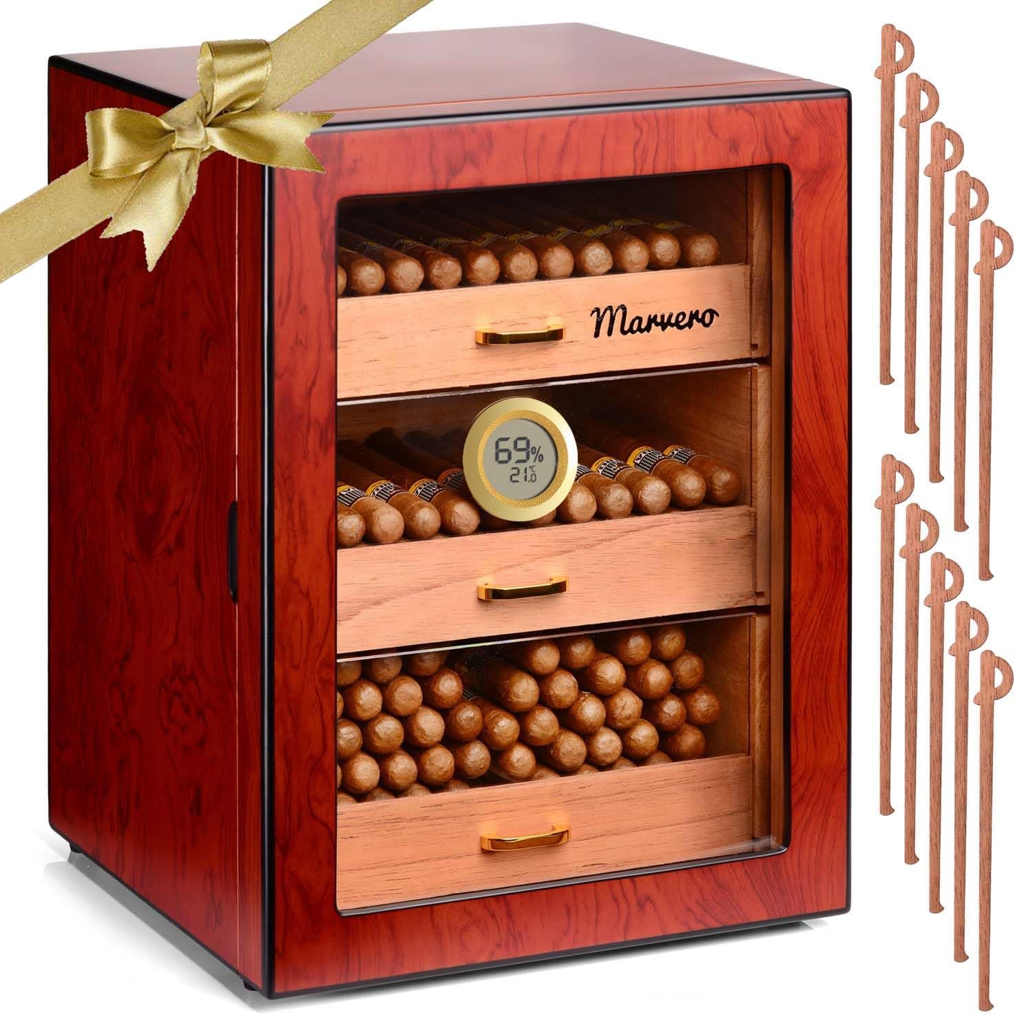 Armario humidor de cedro con doble puerta de cristal y tres cajones