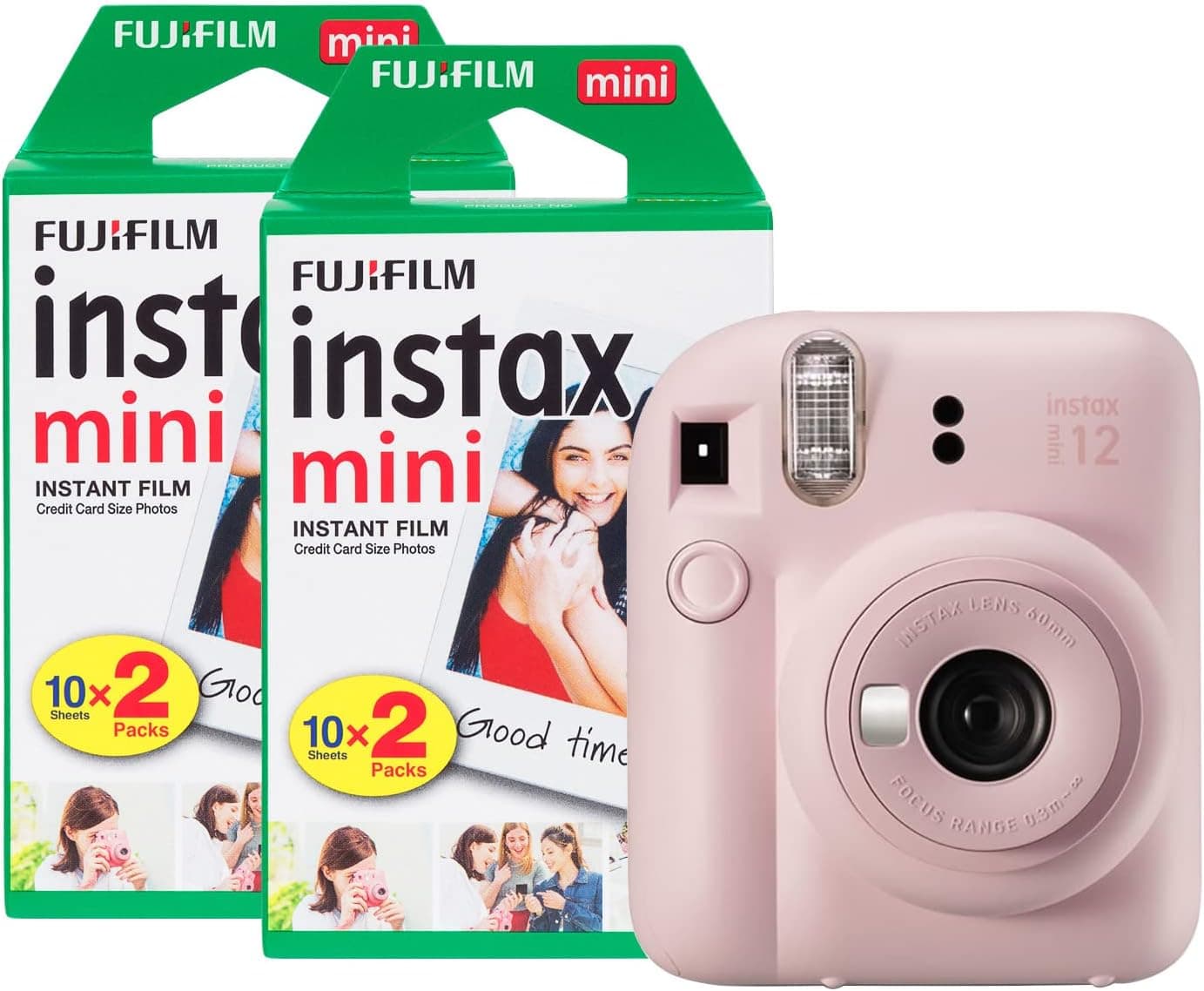 La Instax Mini 12 en rosa flor junto a las cuatro cajas de película incluidas