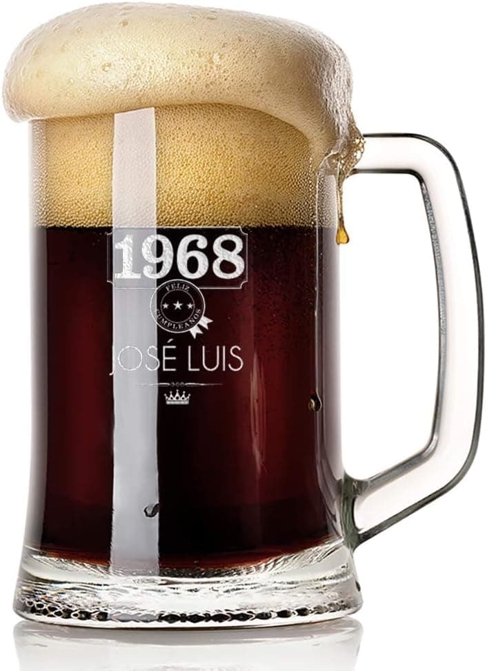Jarra de cristal para cerveza grabada con nombre y año
