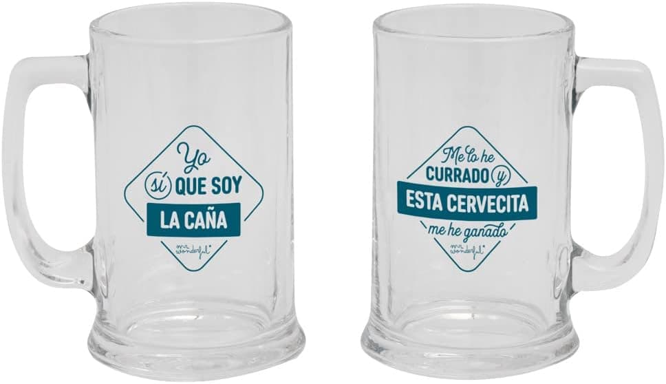 Dos jarras de cerveza de Mr. Wonderful con mensajes impresos, vistas de frente
