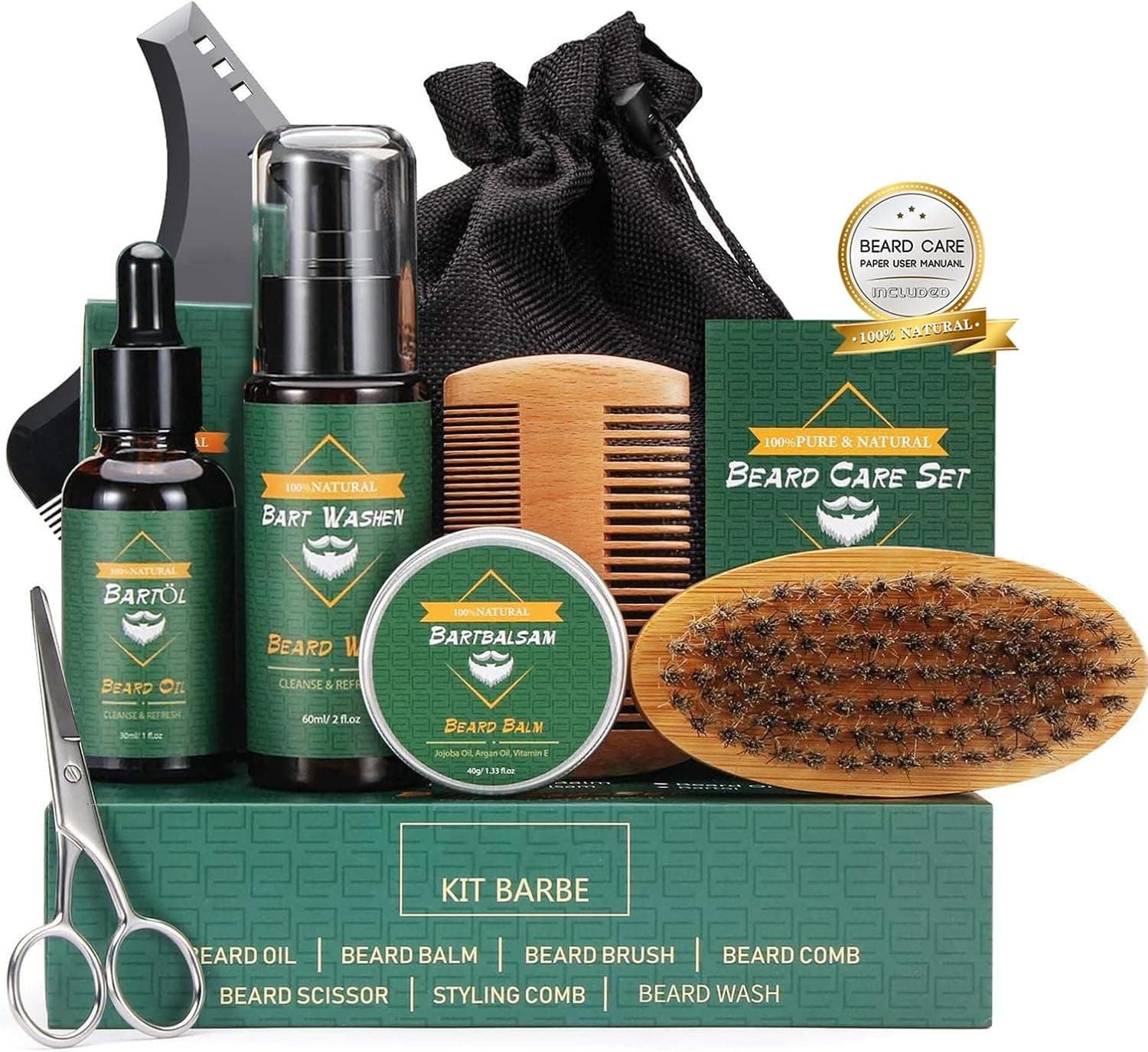 El kit completo sobre fondo verde: los frascos de champú, aceite y bálsamo, el cepillo de cerdas, el peine de madera, las tijeras, la plantilla y la bolsa de tela