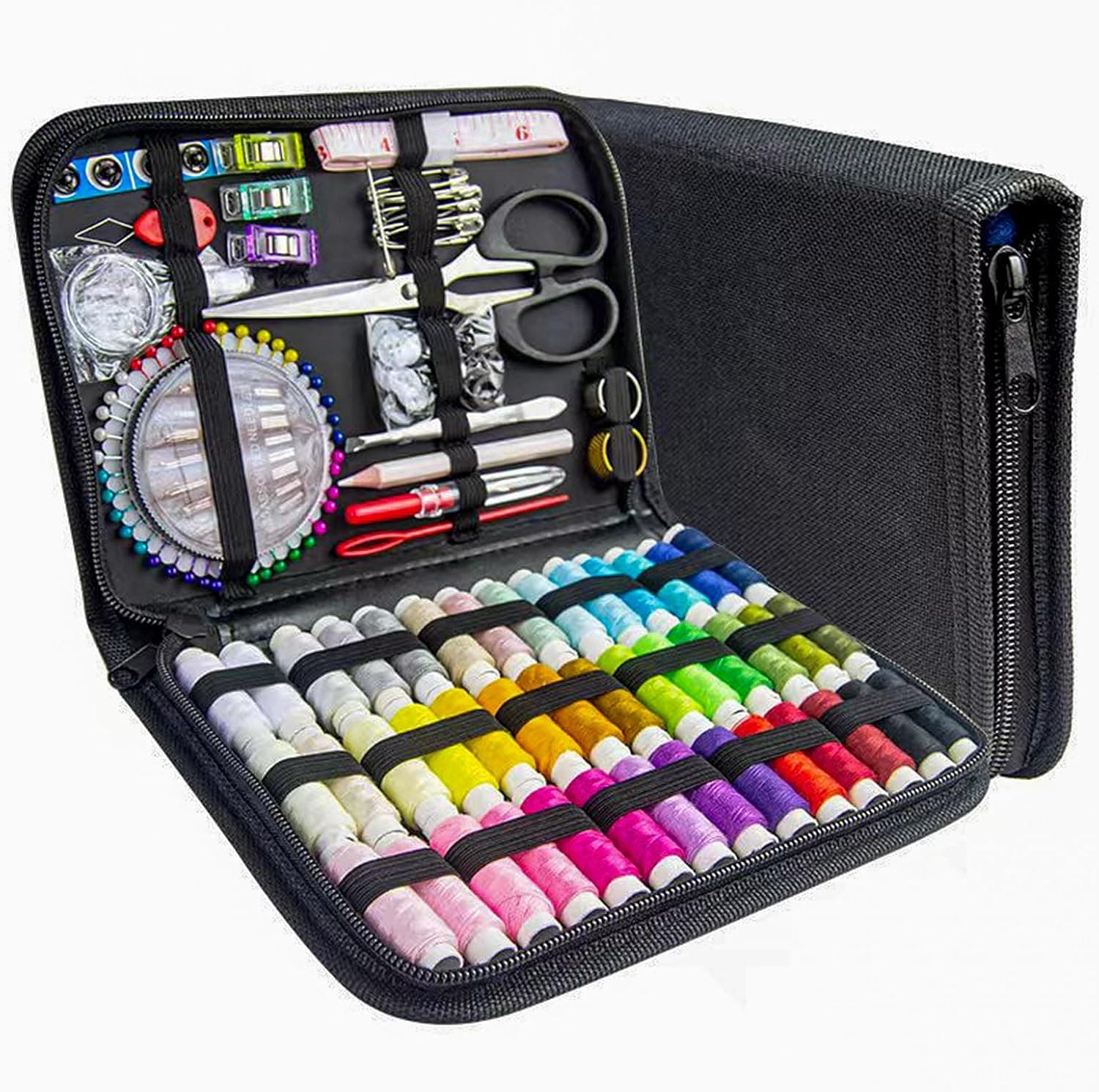 Estuche de costura abierto con 42 carretes de hilo de colores y herramientas